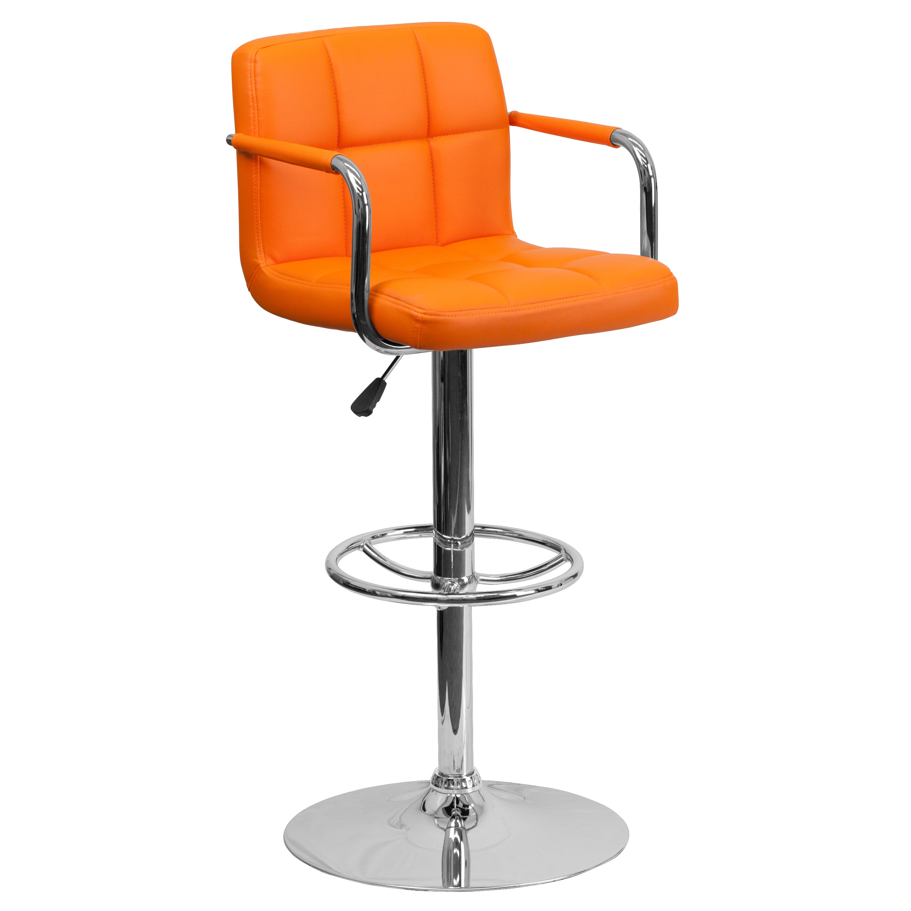 Genna Contemporary Orange Quilted Vinyl Adjustable Height Barstool with Arms and Chrome Base