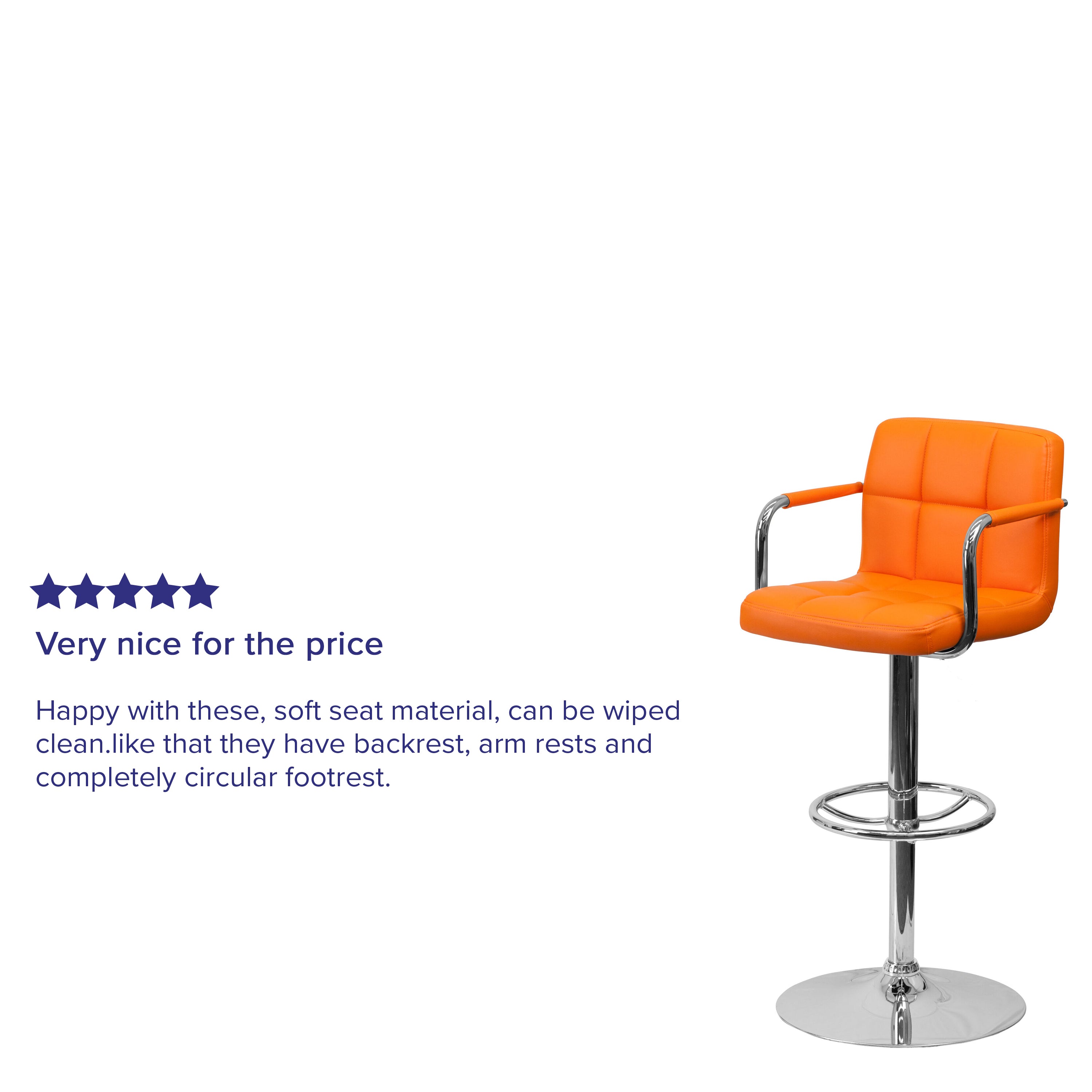 Genna Contemporary Orange Quilted Vinyl Adjustable Height Barstool with Arms and Chrome Base