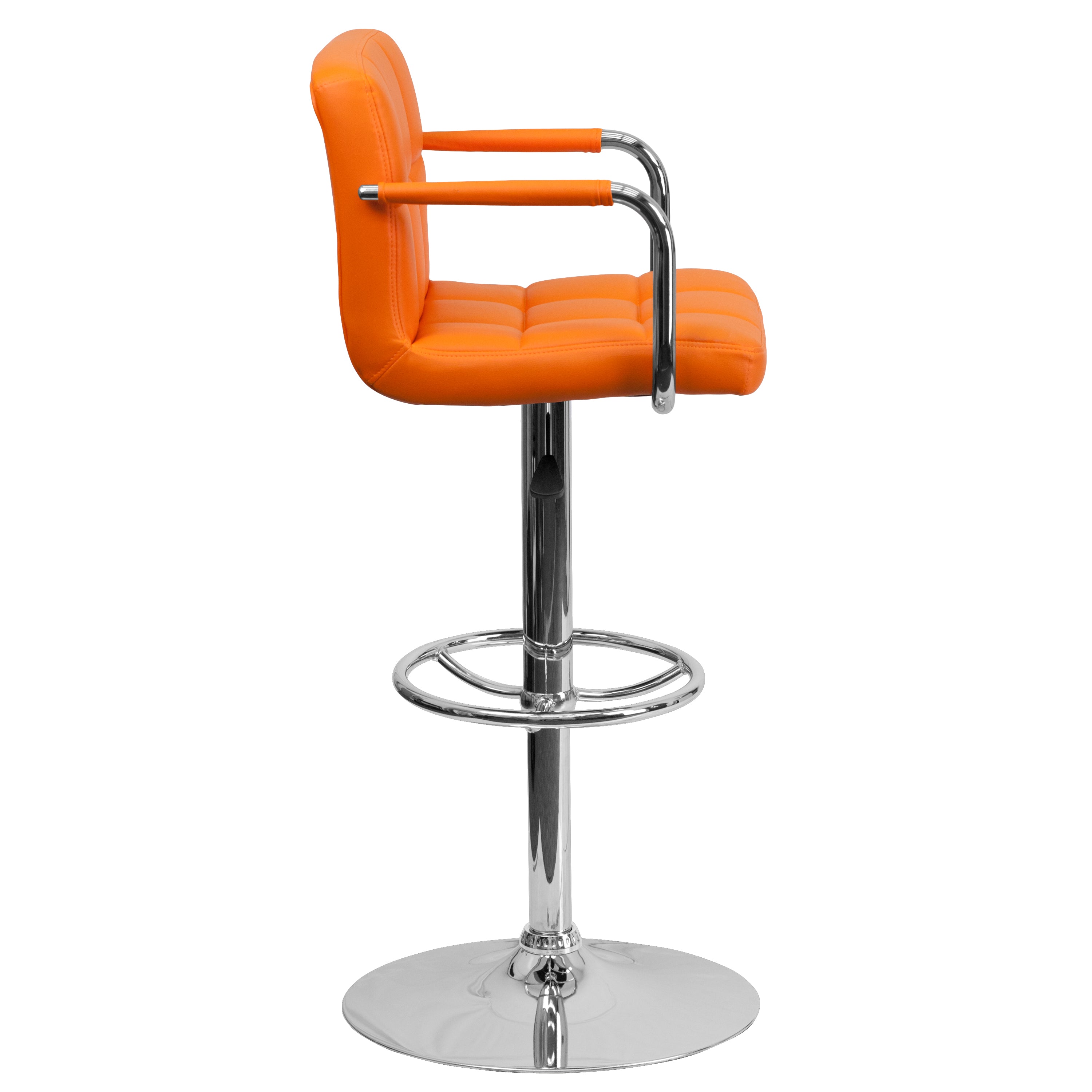 Genna Contemporary Orange Quilted Vinyl Adjustable Height Barstool with Arms and Chrome Base