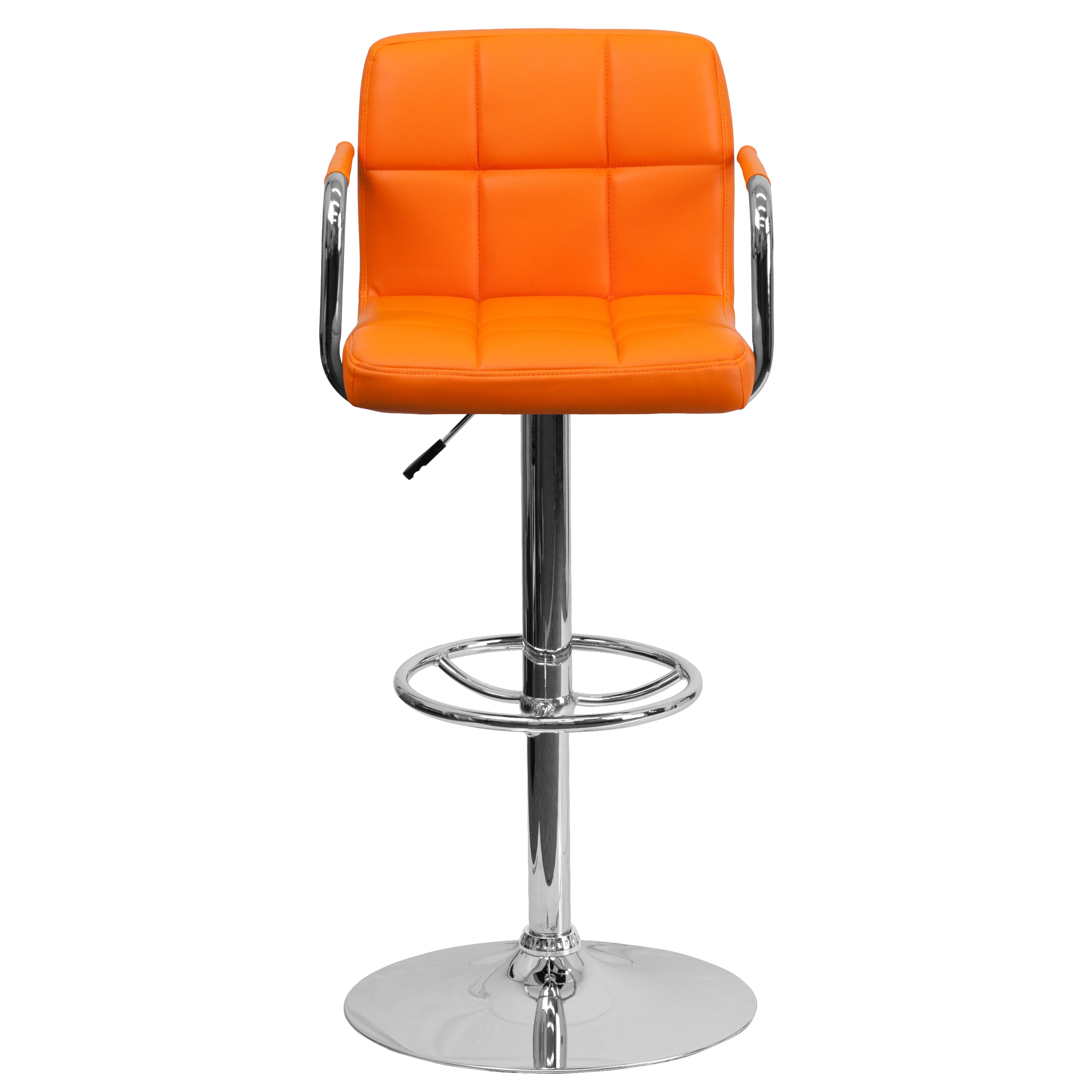 Genna Contemporary Orange Quilted Vinyl Adjustable Height Barstool with Arms and Chrome Base