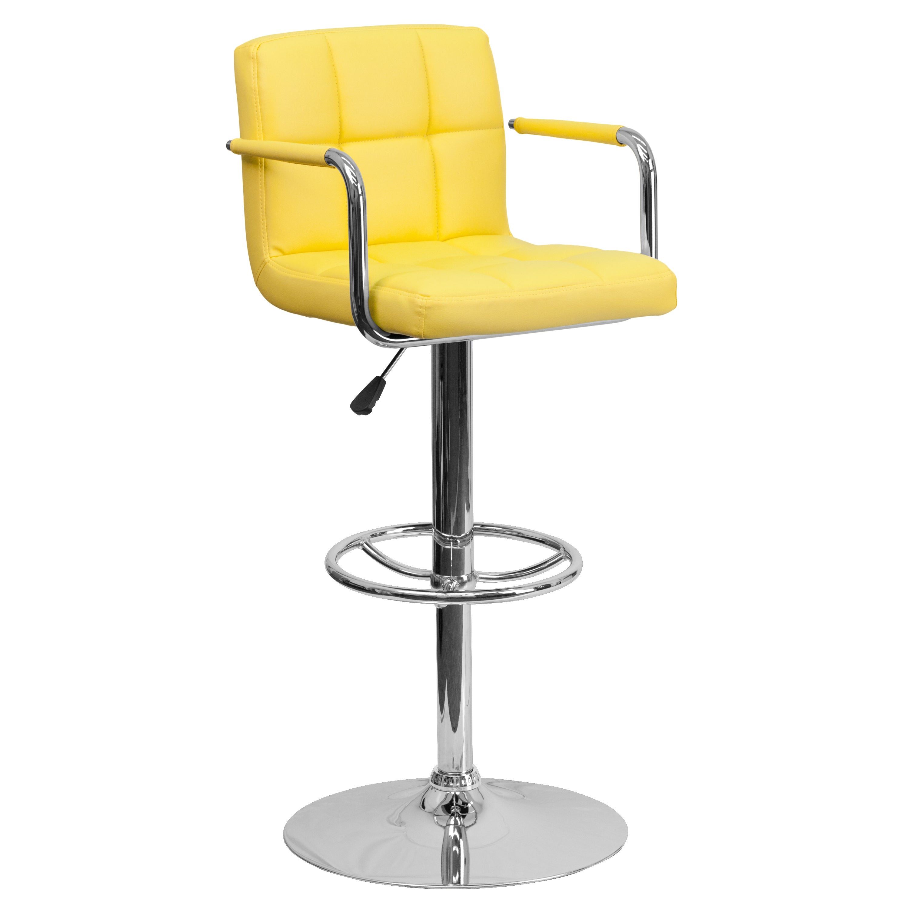 Genna Contemporary Yellow Quilted Vinyl Adjustable Height Barstool with Arms and Chrome Base