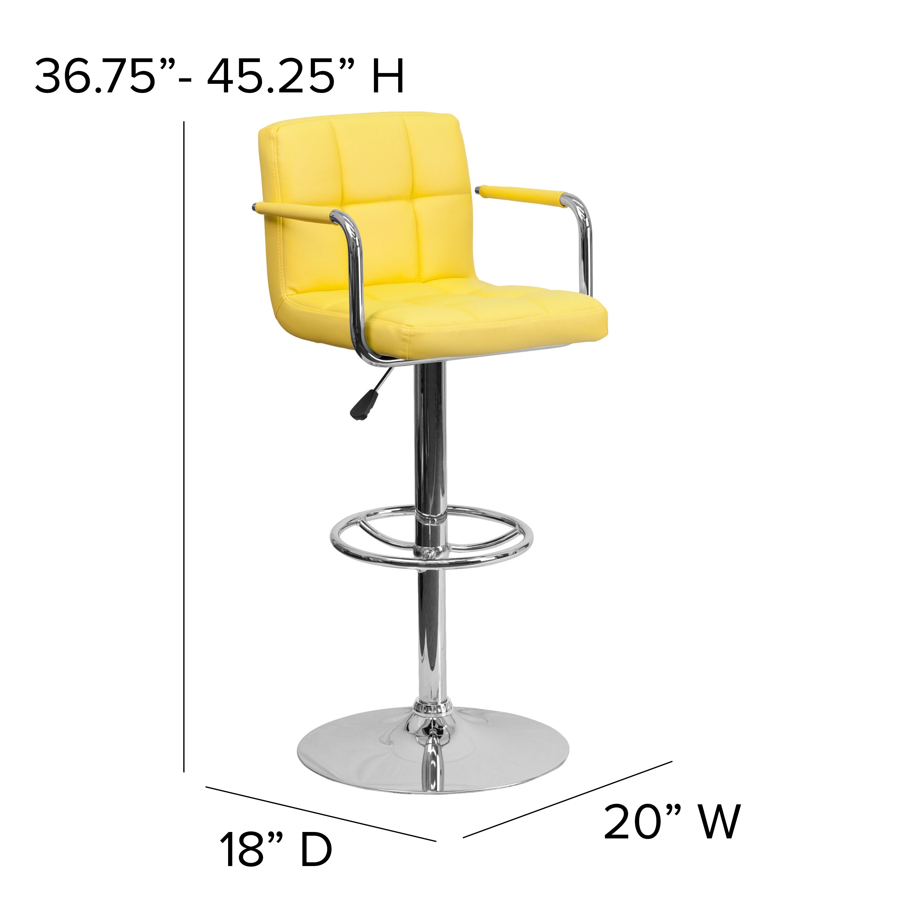Genna Contemporary Yellow Quilted Vinyl Adjustable Height Barstool with Arms and Chrome Base