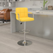 Genna Contemporary Yellow Quilted Vinyl Adjustable Height Barstool with Arms and Chrome Base
