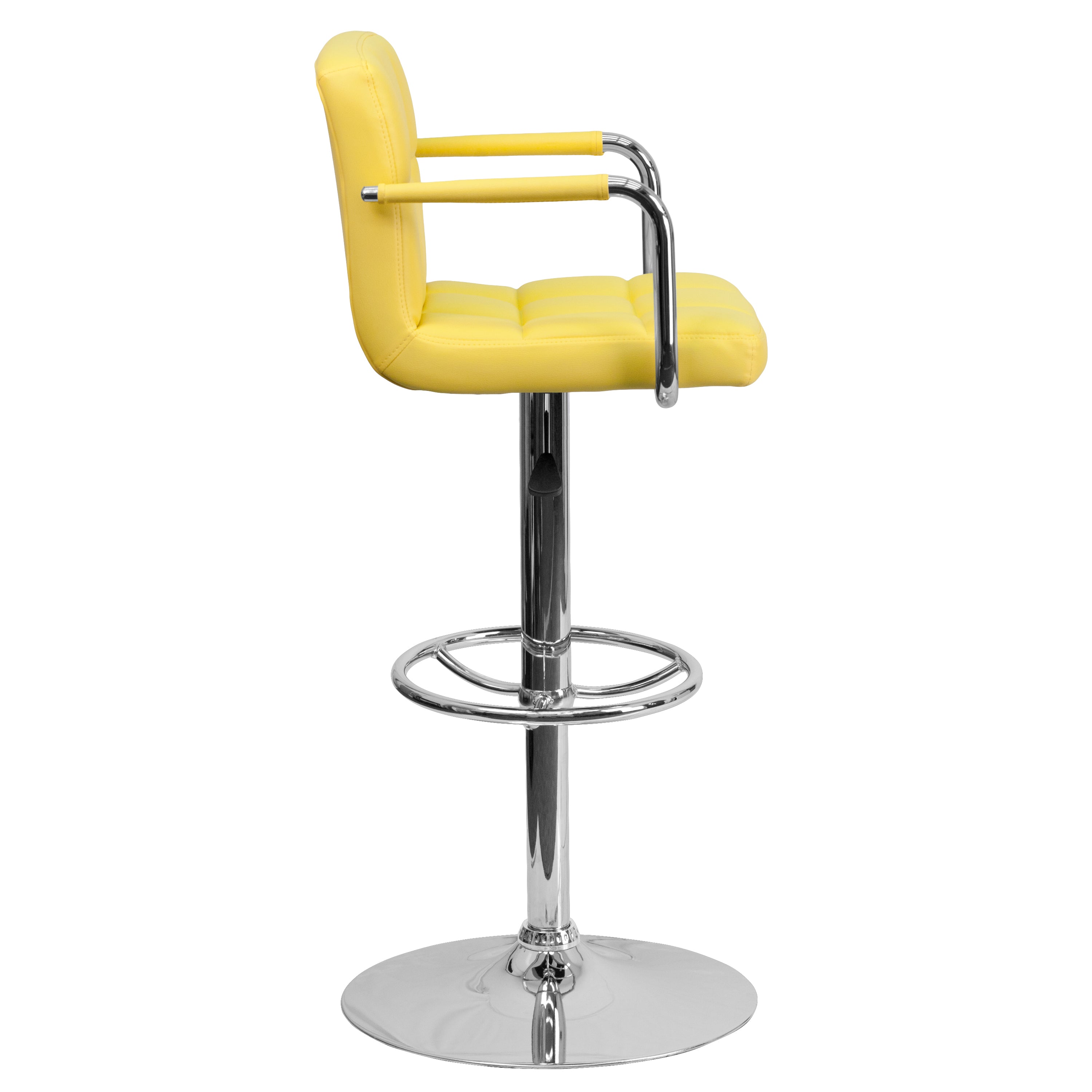 Genna Contemporary Yellow Quilted Vinyl Adjustable Height Barstool with Arms and Chrome Base