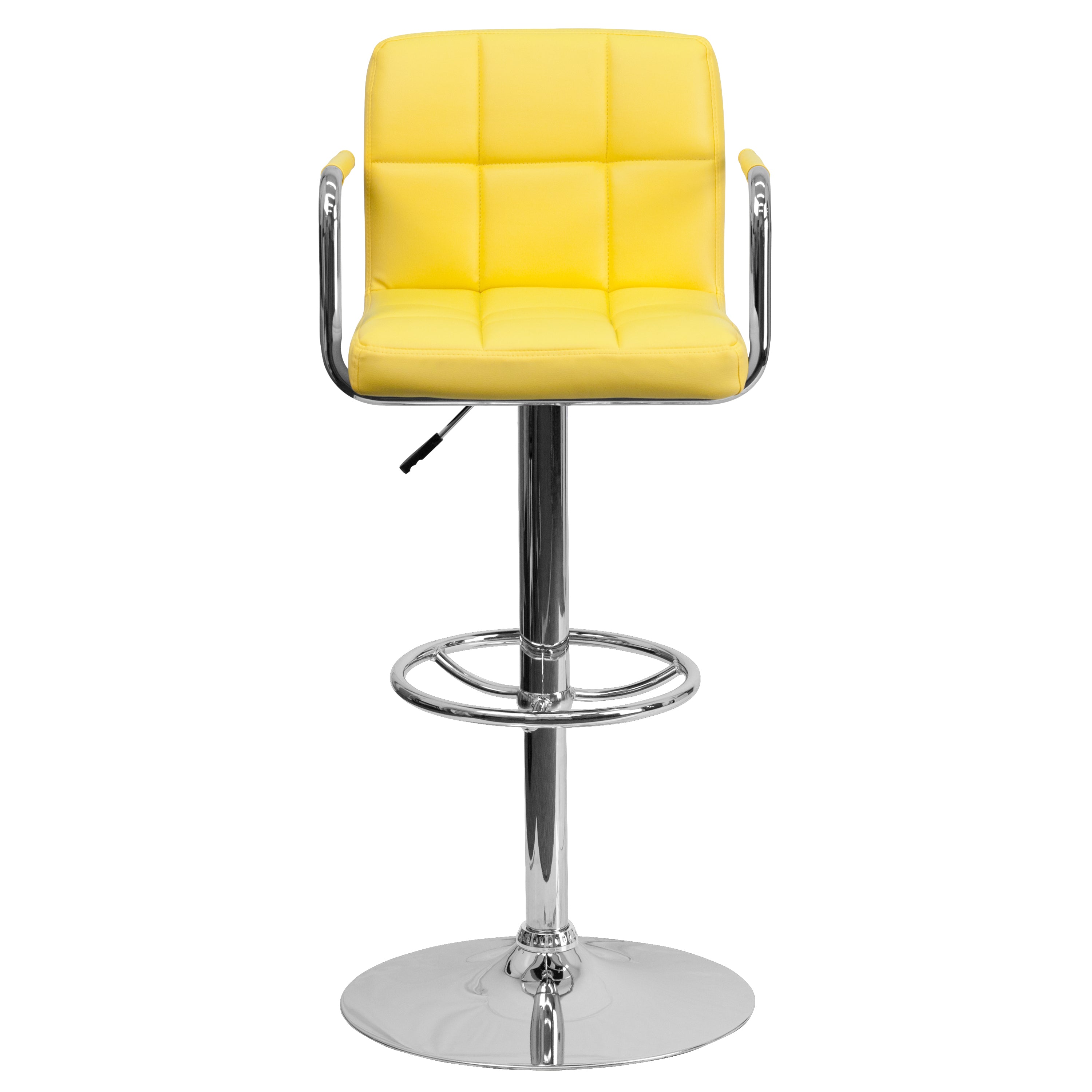 Genna Contemporary Yellow Quilted Vinyl Adjustable Height Barstool with Arms and Chrome Base