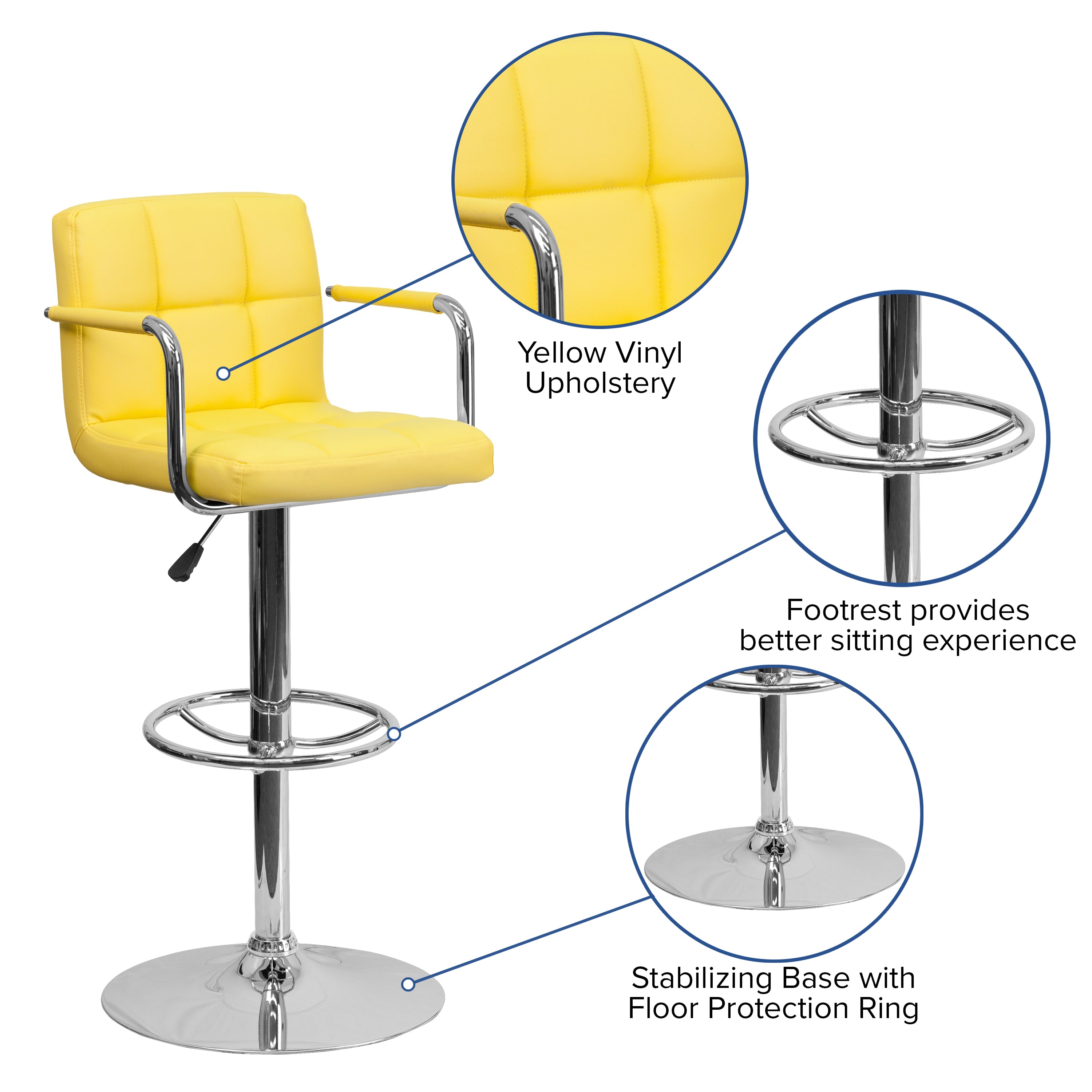 Genna Contemporary Yellow Quilted Vinyl Adjustable Height Barstool with Arms and Chrome Base