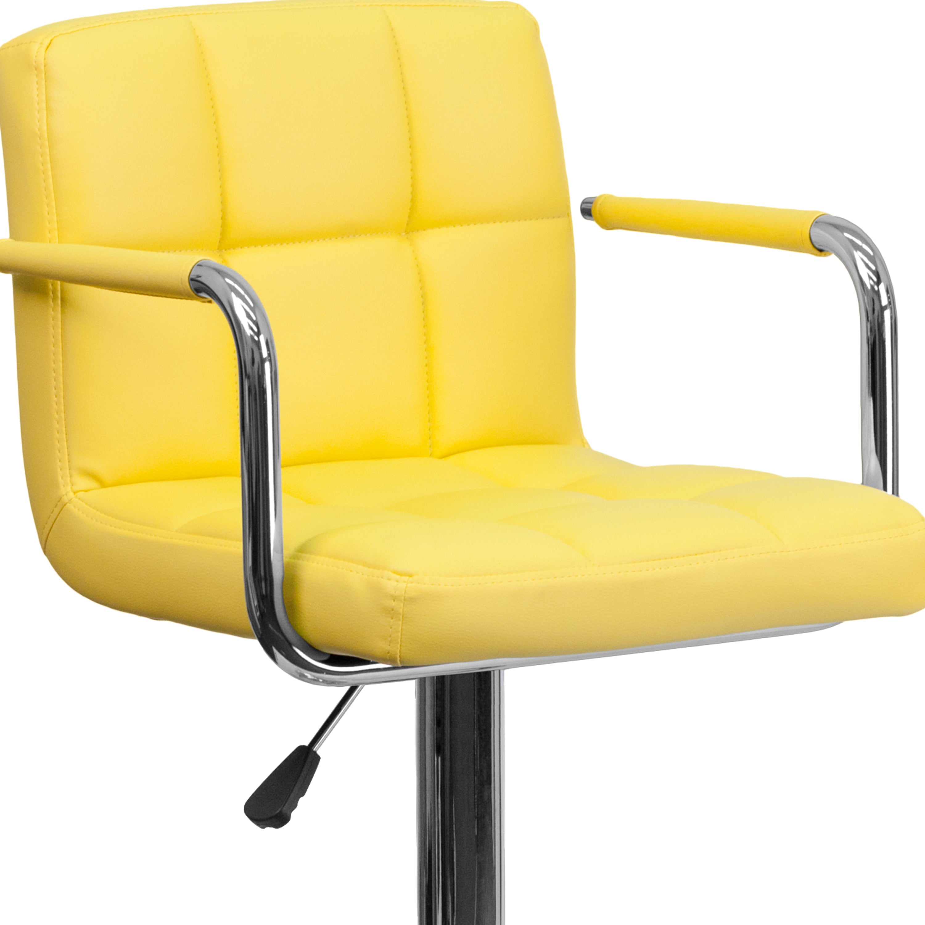 Genna Contemporary Yellow Quilted Vinyl Adjustable Height Barstool with Arms and Chrome Base
