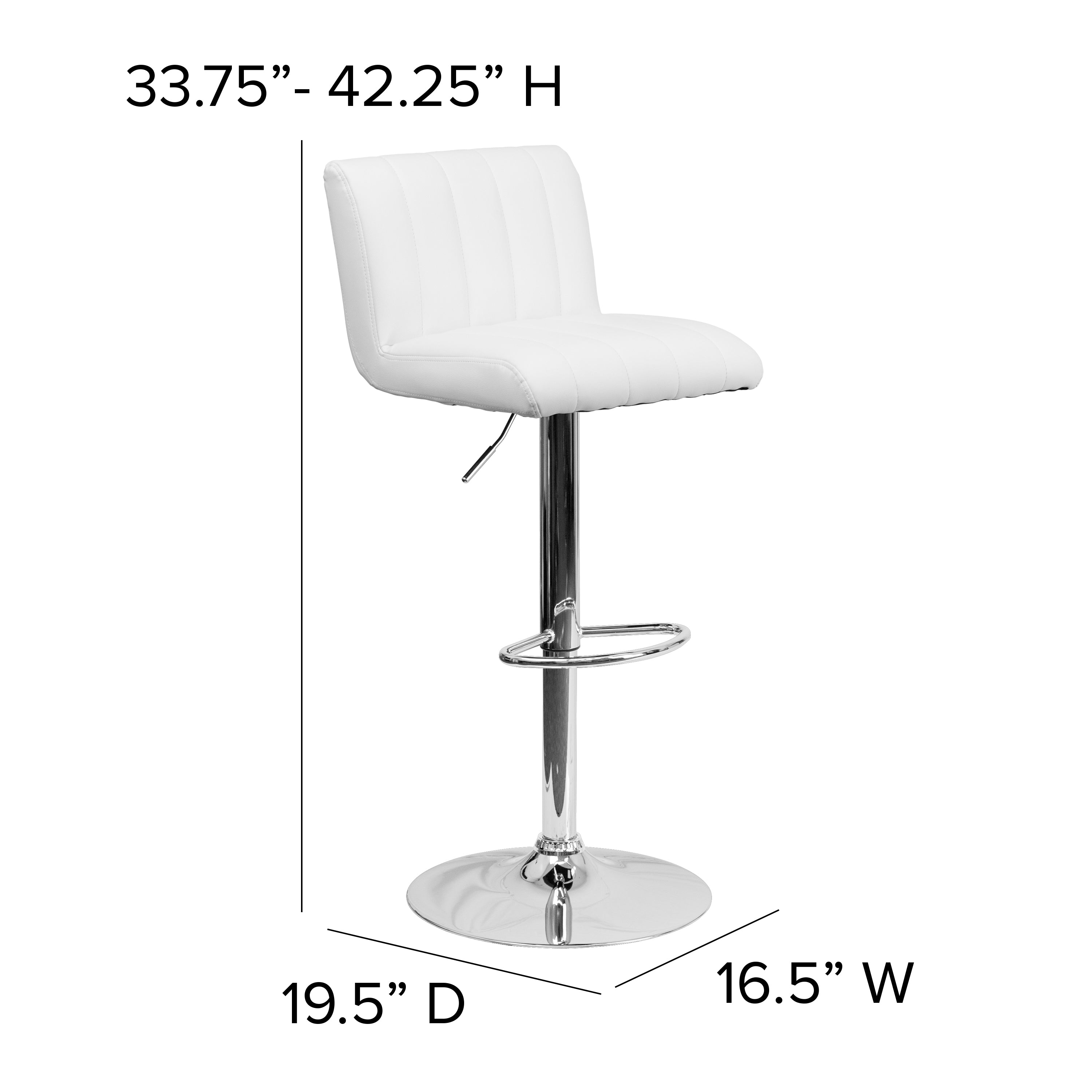 Genevieve Contemporary White Vinyl Adjustable Height Barstool with Vertical Stitch Back/Seat and Chrome Base