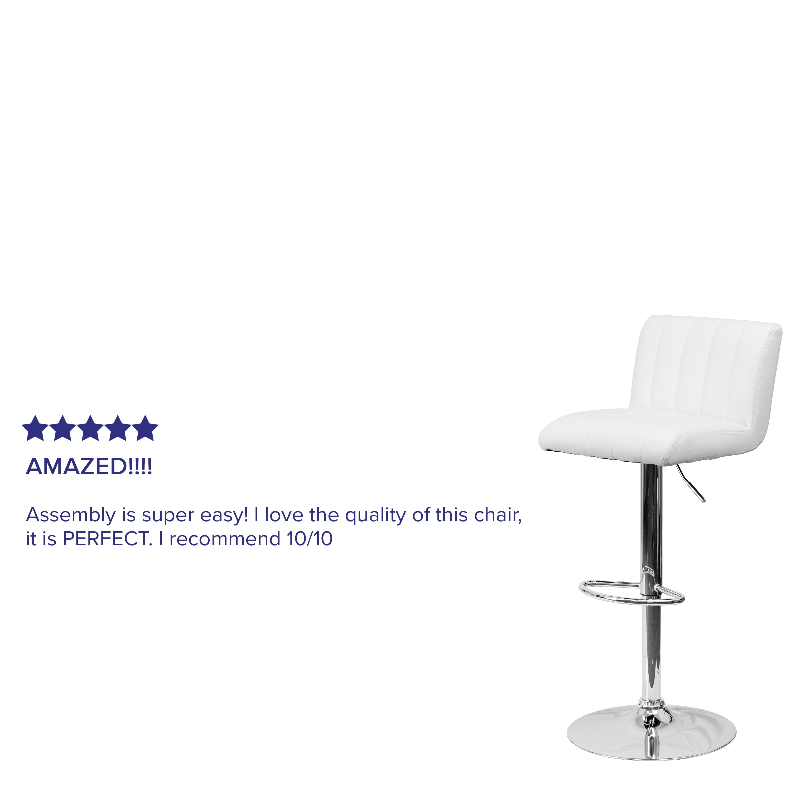 Genevieve Contemporary White Vinyl Adjustable Height Barstool with Vertical Stitch Back/Seat and Chrome Base