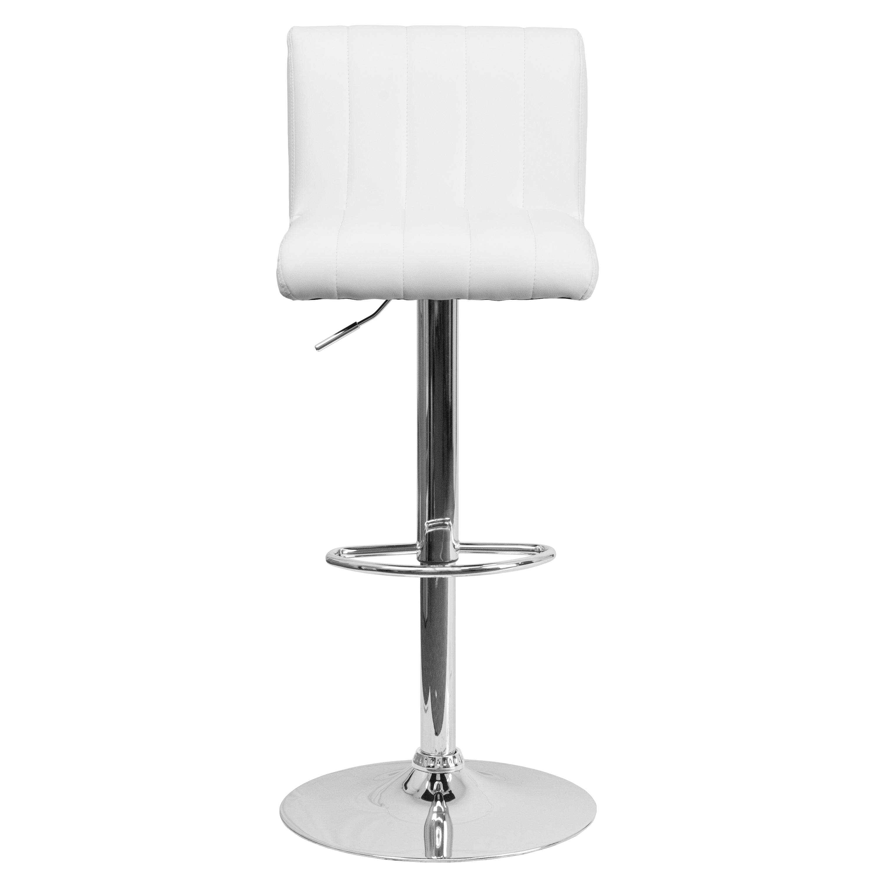 Genevieve Contemporary White Vinyl Adjustable Height Barstool with Vertical Stitch Back/Seat and Chrome Base