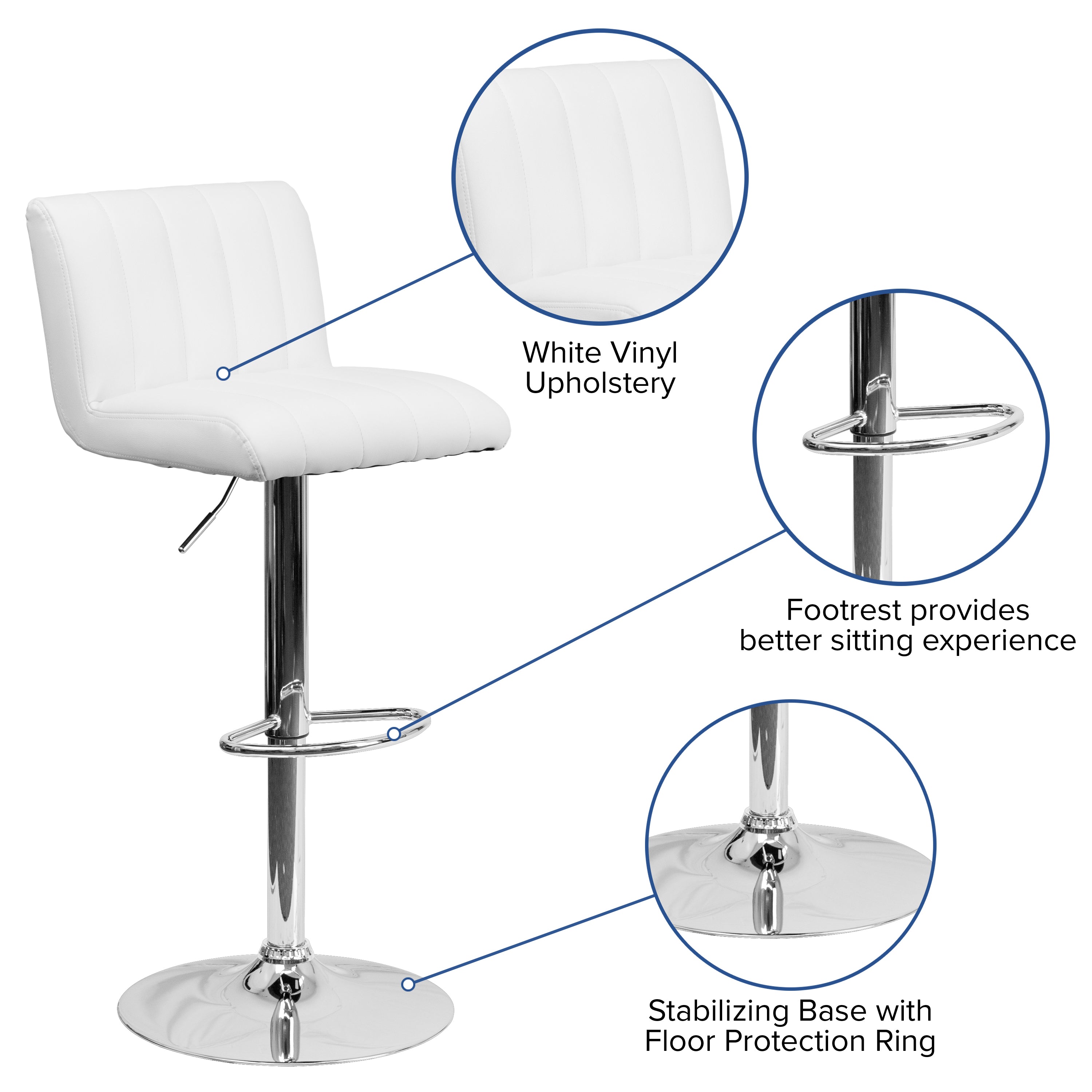 Genevieve Contemporary White Vinyl Adjustable Height Barstool with Vertical Stitch Back/Seat and Chrome Base