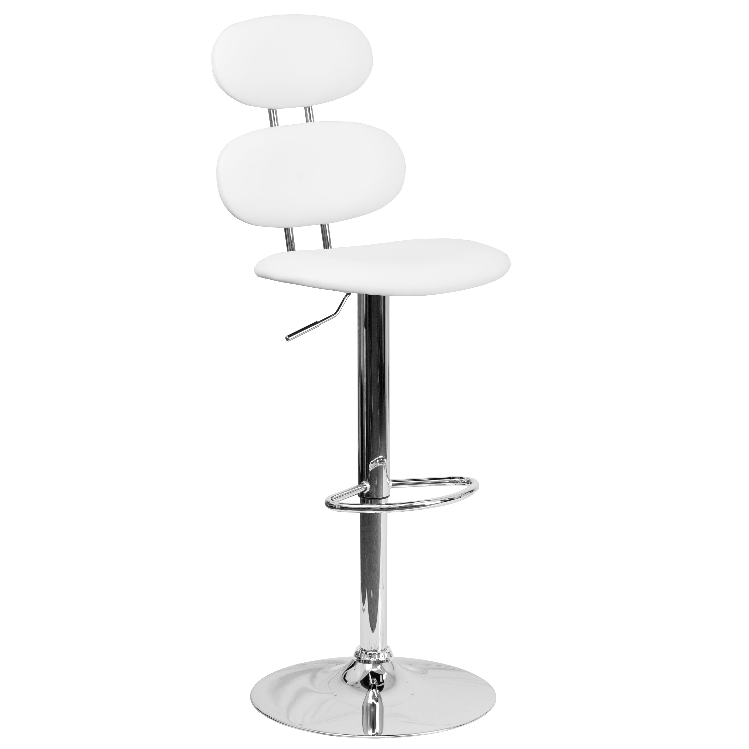 Dexter Contemporary White Vinyl Adjustable Height Barstool with Ellipse Back and Chrome Base