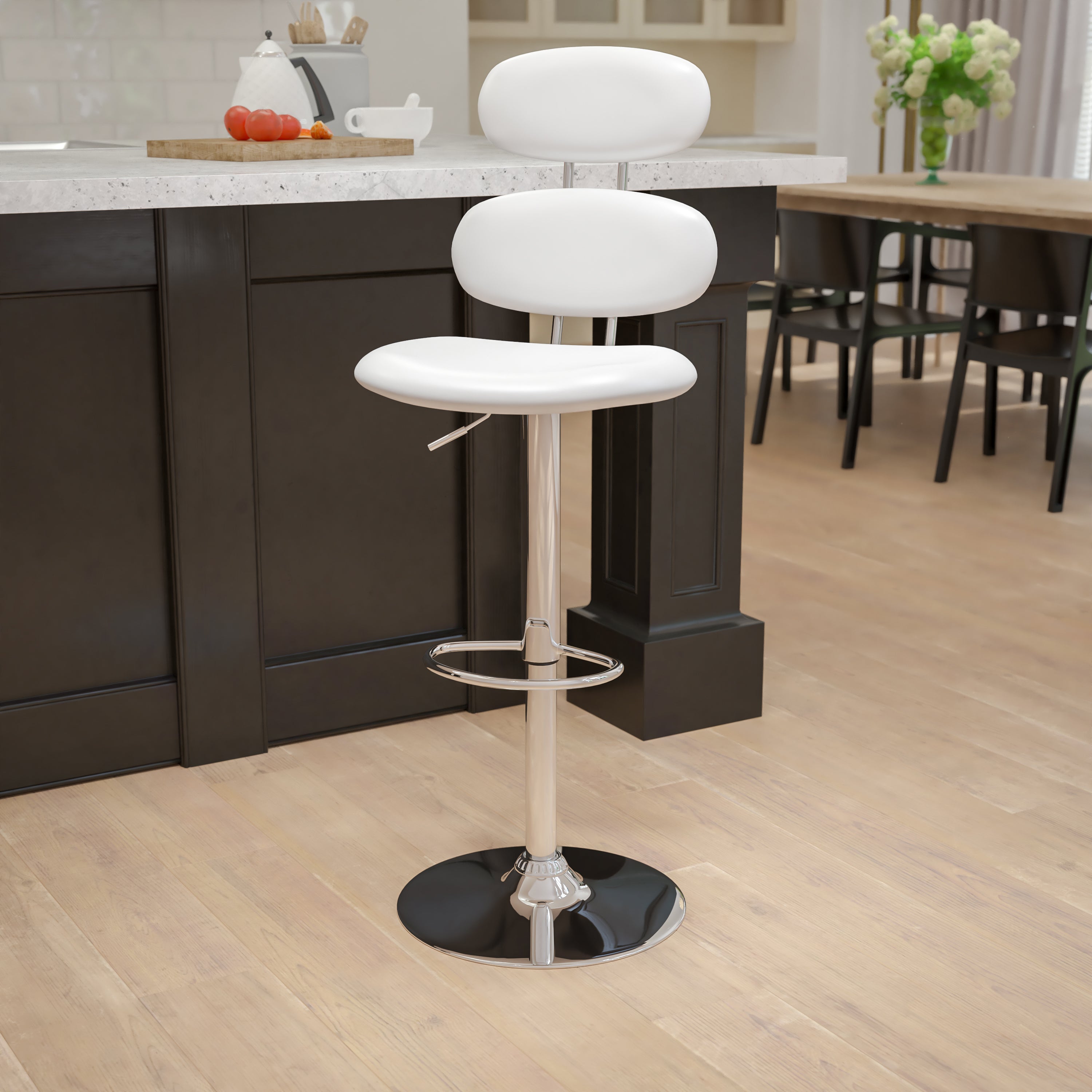 Dexter Contemporary White Vinyl Adjustable Height Barstool with Ellipse Back and Chrome Base