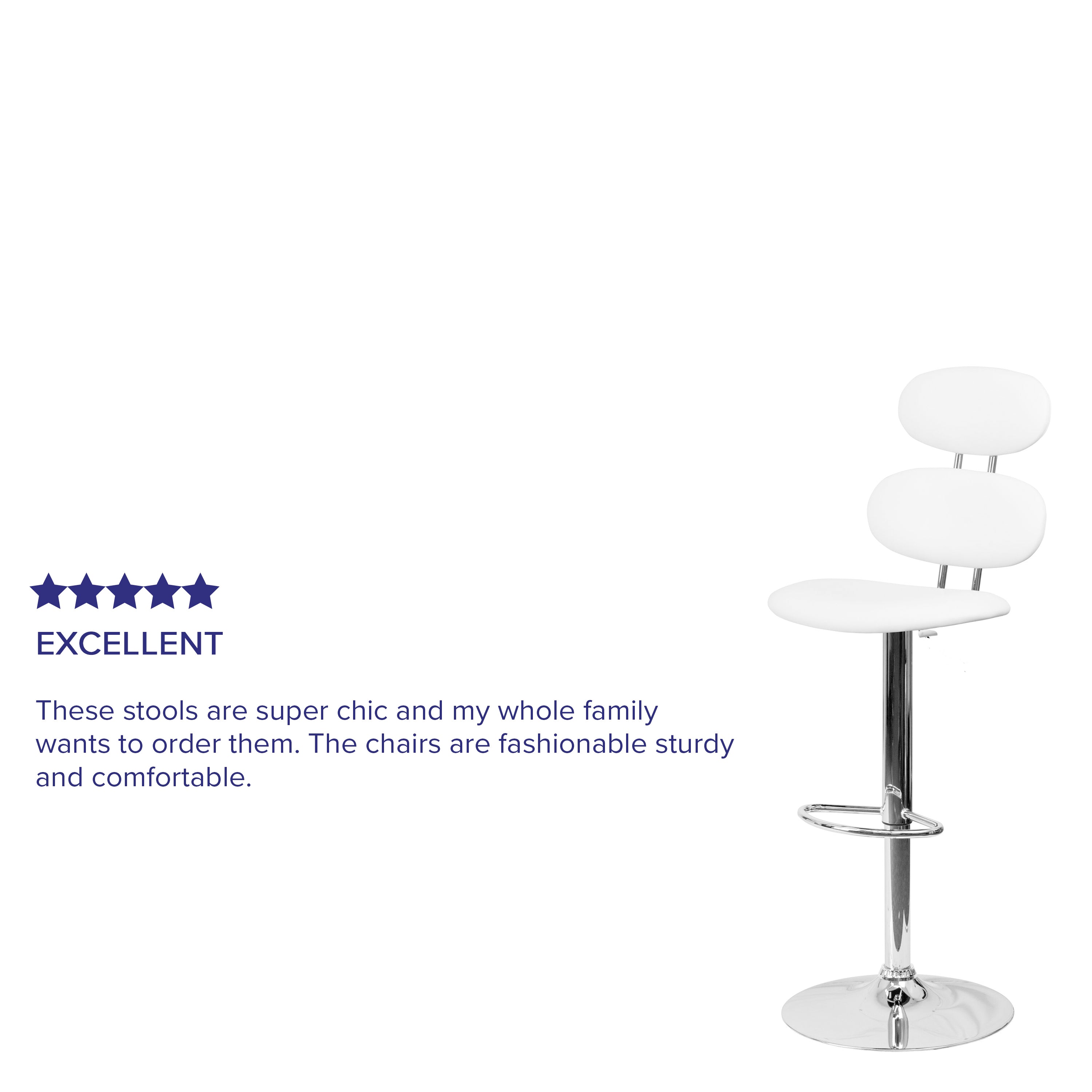 Dexter Contemporary White Vinyl Adjustable Height Barstool with Ellipse Back and Chrome Base