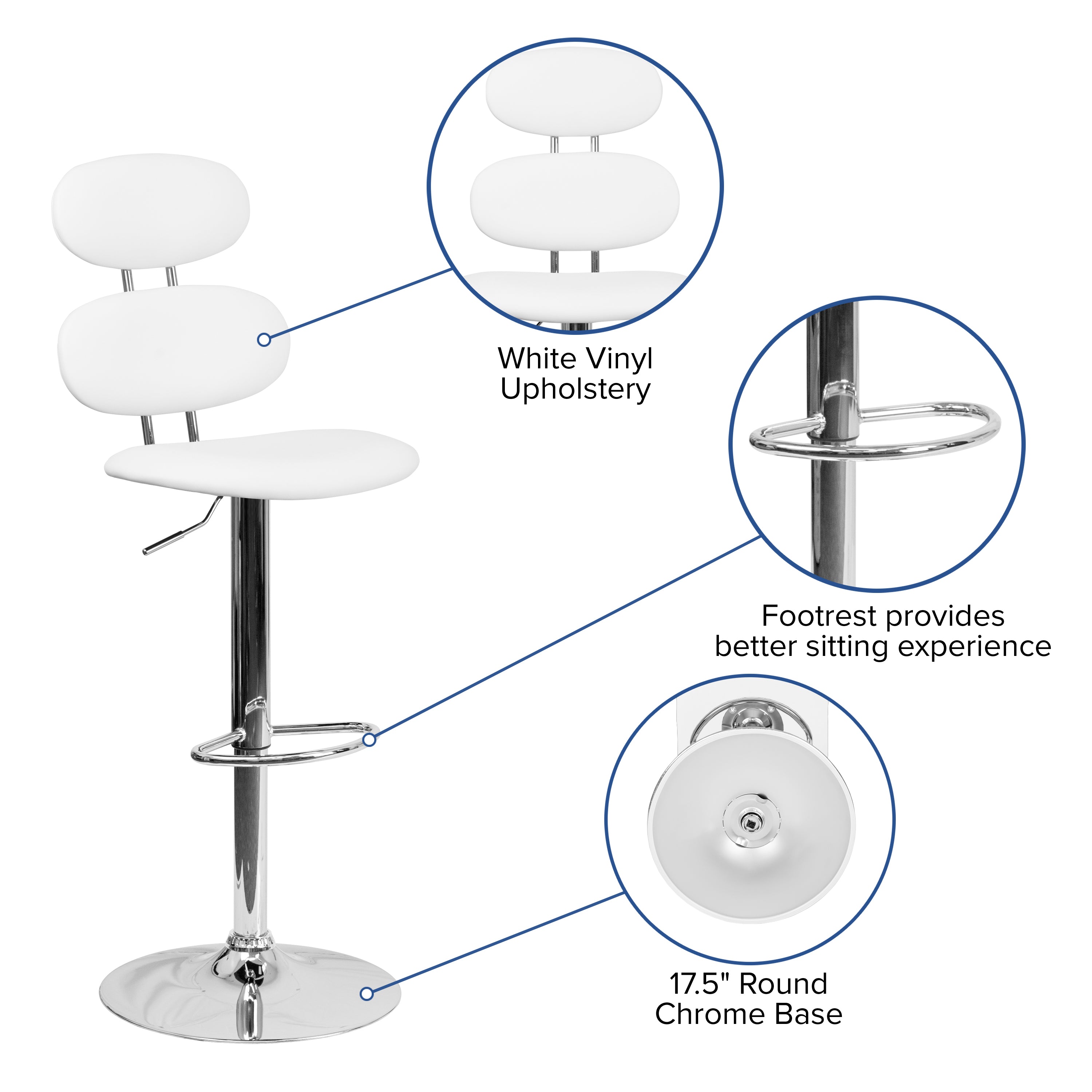 Dexter Contemporary White Vinyl Adjustable Height Barstool with Ellipse Back and Chrome Base