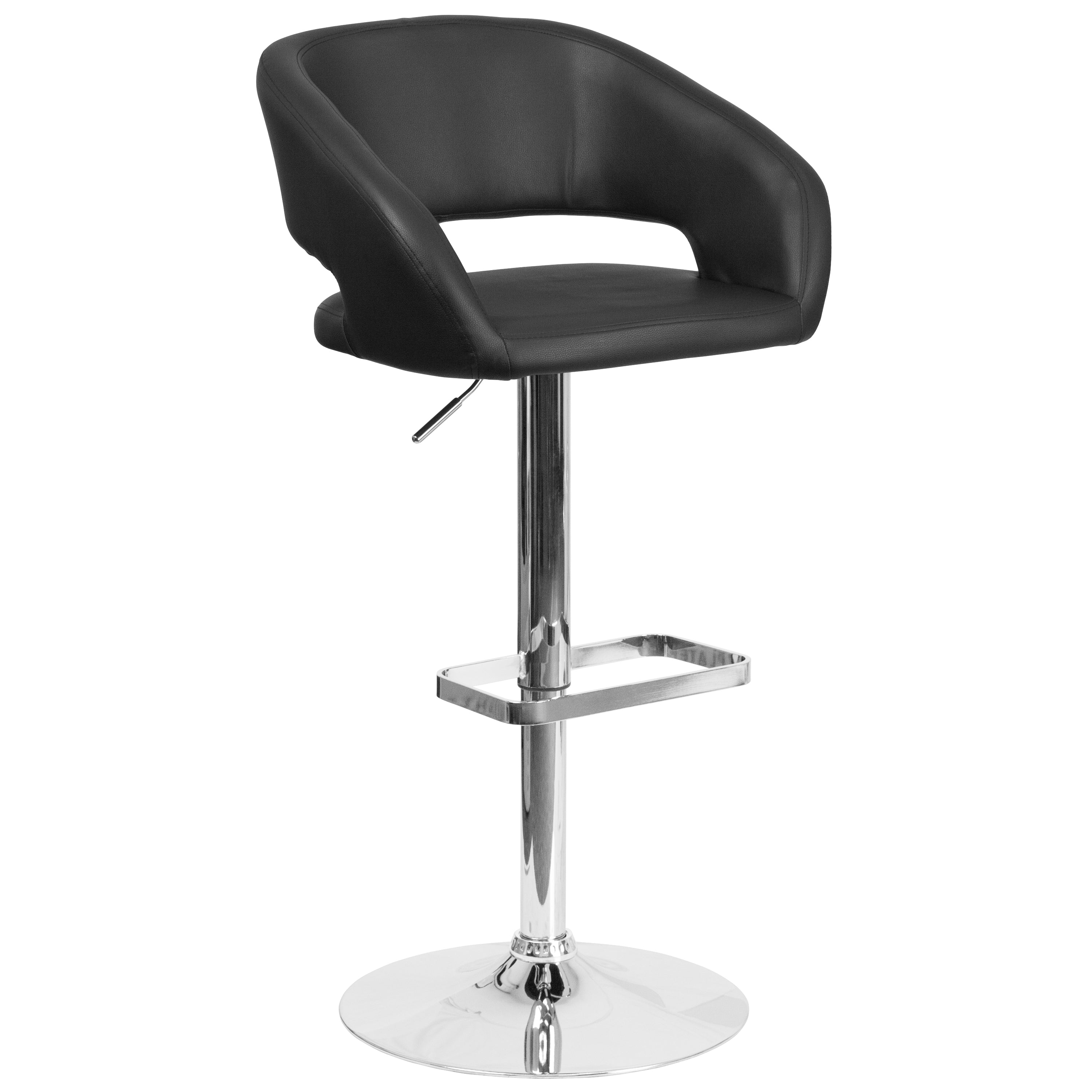Erik Contemporary Black Vinyl Adjustable Height Barstool with Rounded Mid-Back and Chrome Base