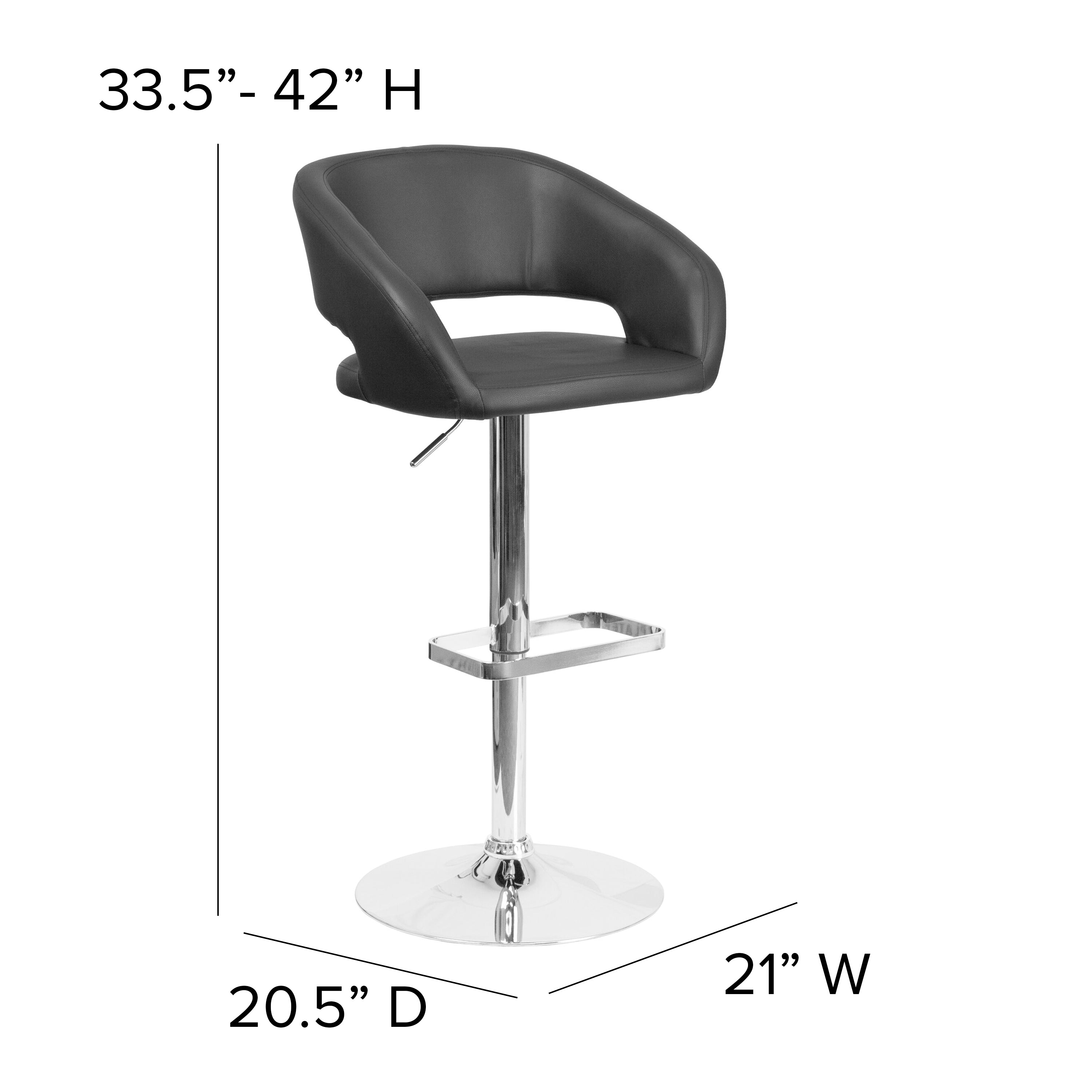 Erik Contemporary Black Vinyl Adjustable Height Barstool with Rounded Mid-Back and Chrome Base