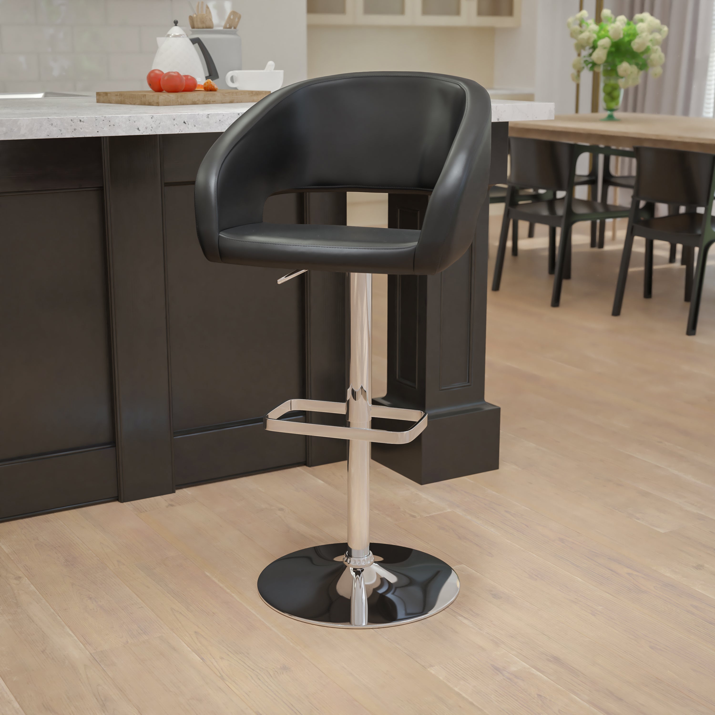 Erik Contemporary Black Vinyl Adjustable Height Barstool with Rounded Mid-Back and Chrome Base