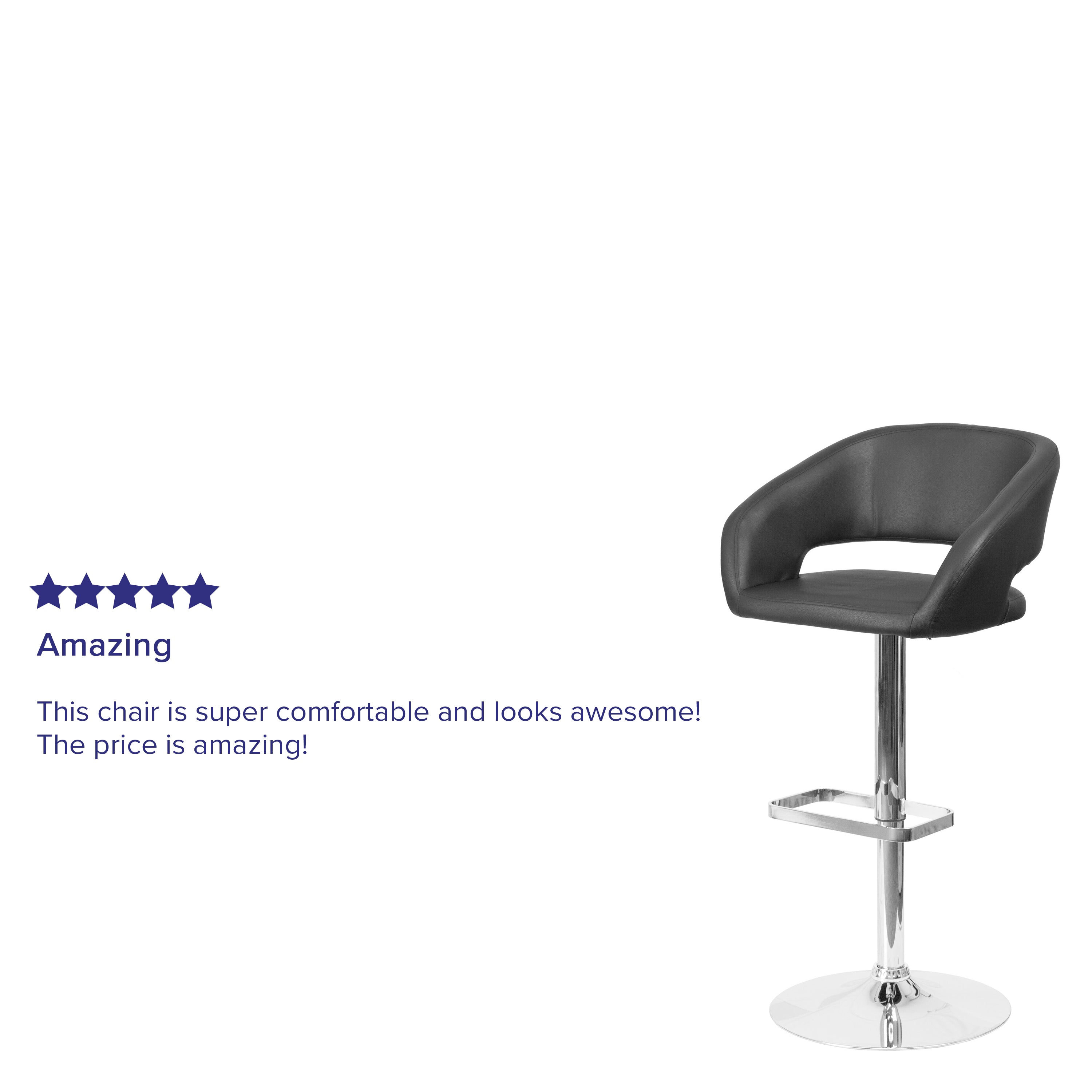 Erik Contemporary Black Vinyl Adjustable Height Barstool with Rounded Mid-Back and Chrome Base