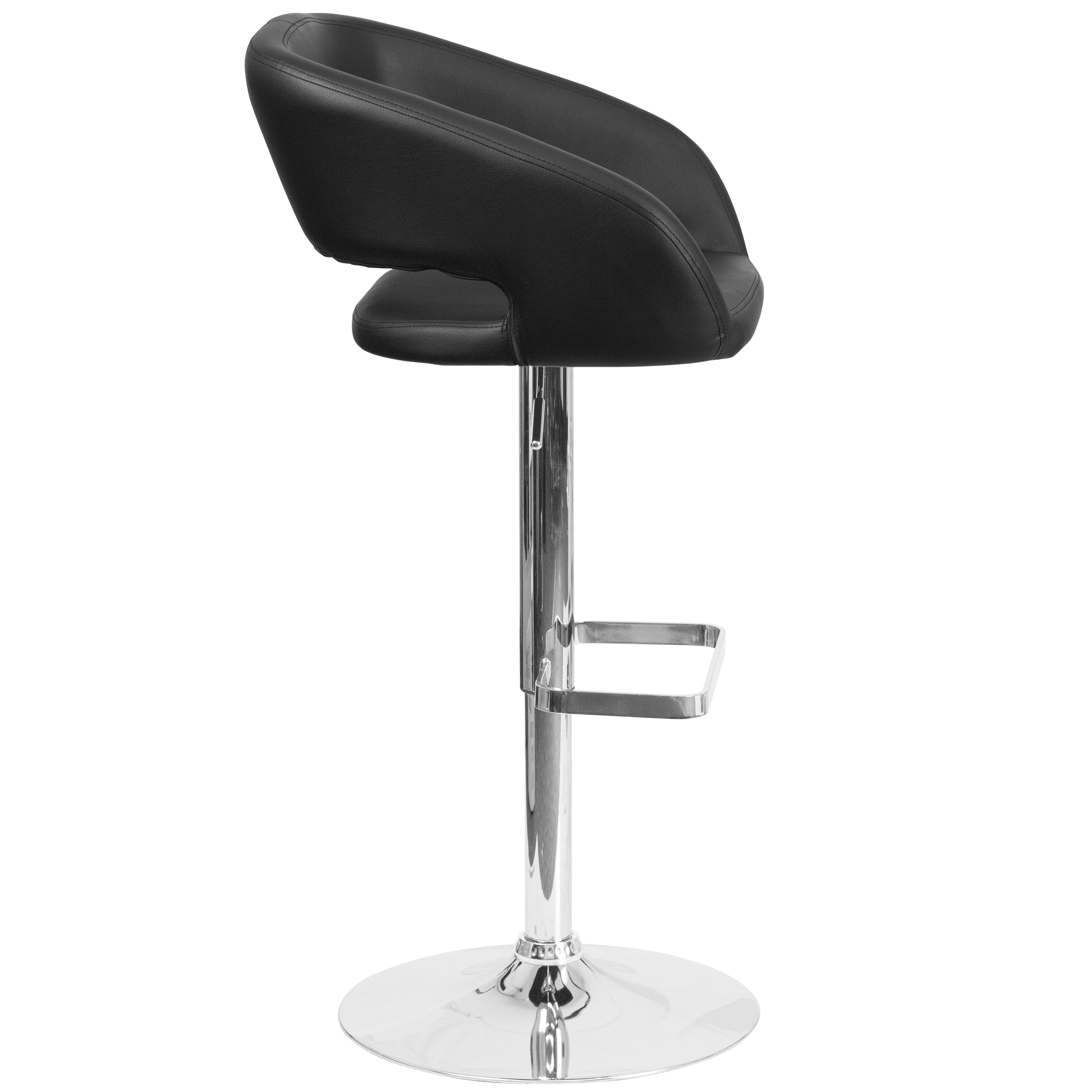 Erik Contemporary Black Vinyl Adjustable Height Barstool with Rounded Mid-Back and Chrome Base
