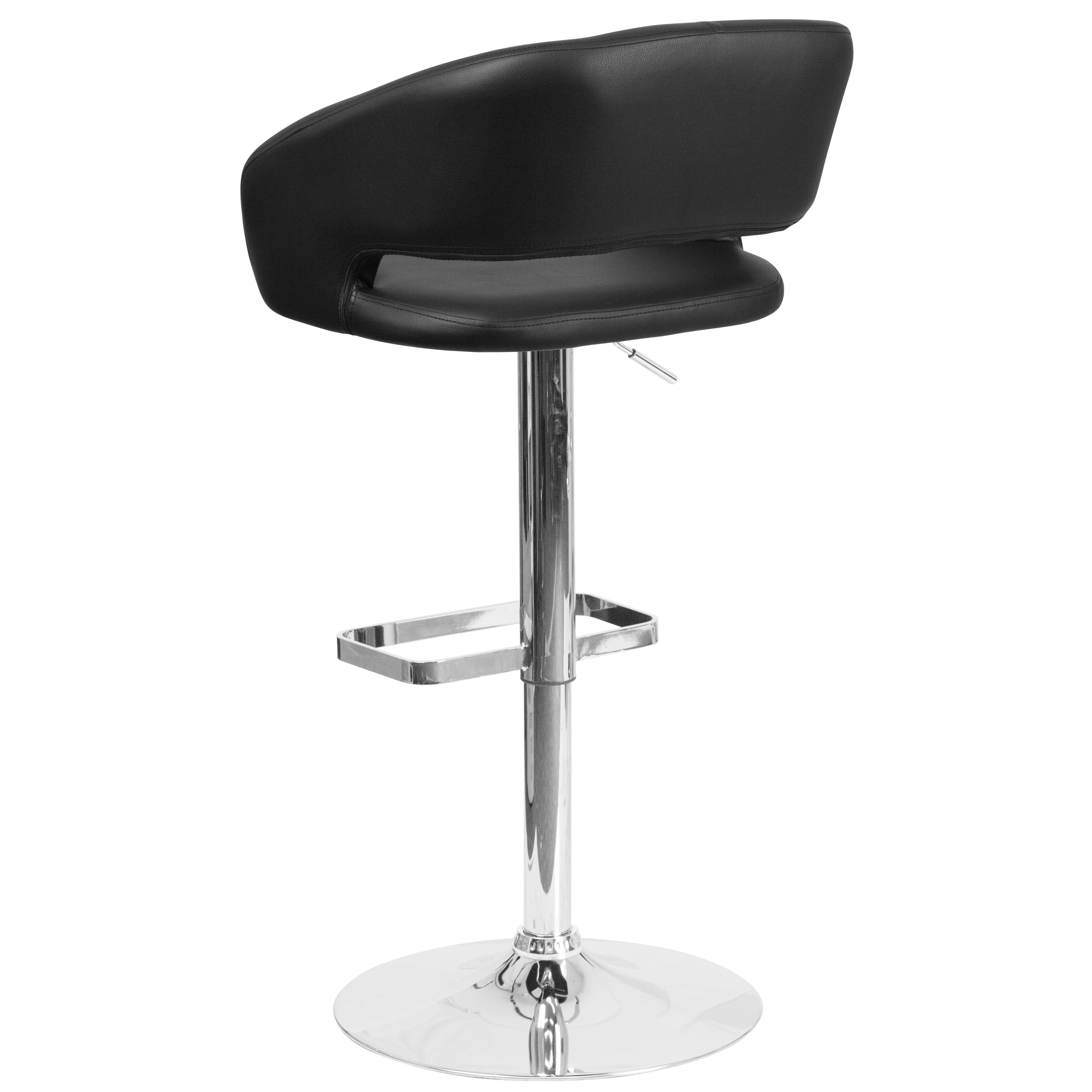Erik Contemporary Black Vinyl Adjustable Height Barstool with Rounded Mid-Back and Chrome Base