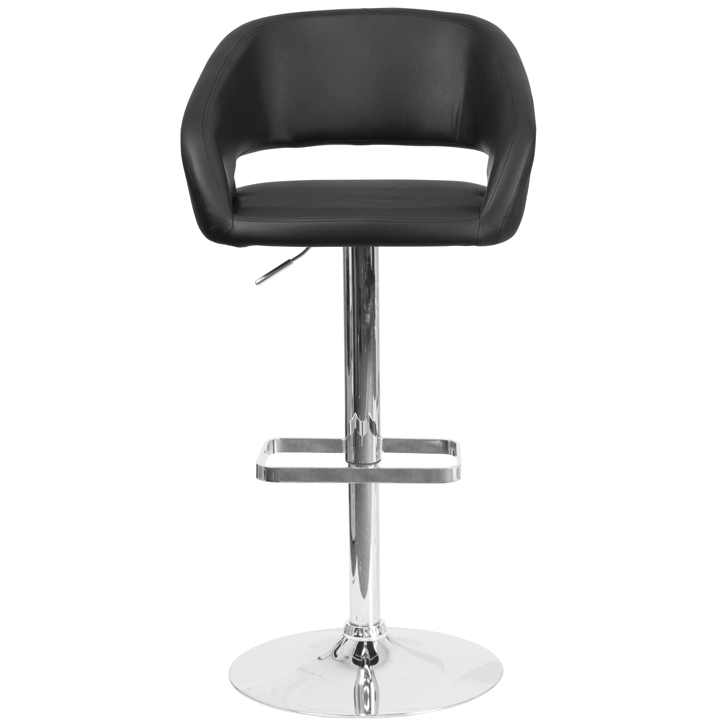 Erik Contemporary Black Vinyl Adjustable Height Barstool with Rounded Mid-Back and Chrome Base