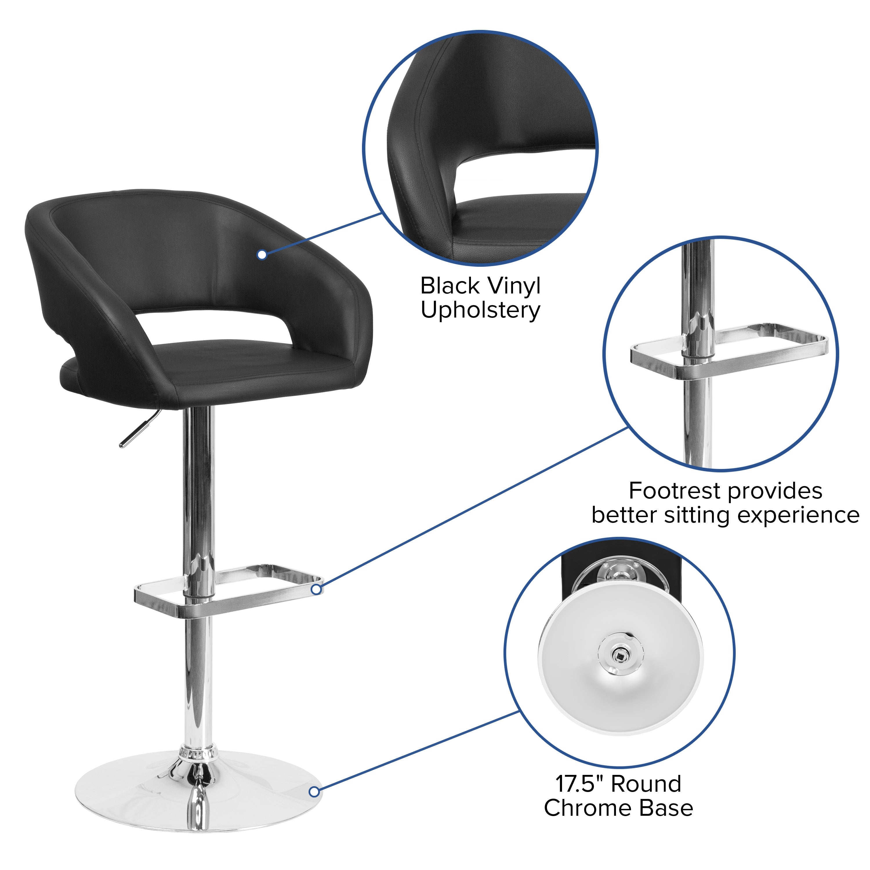 Erik Contemporary Black Vinyl Adjustable Height Barstool with Rounded Mid-Back and Chrome Base