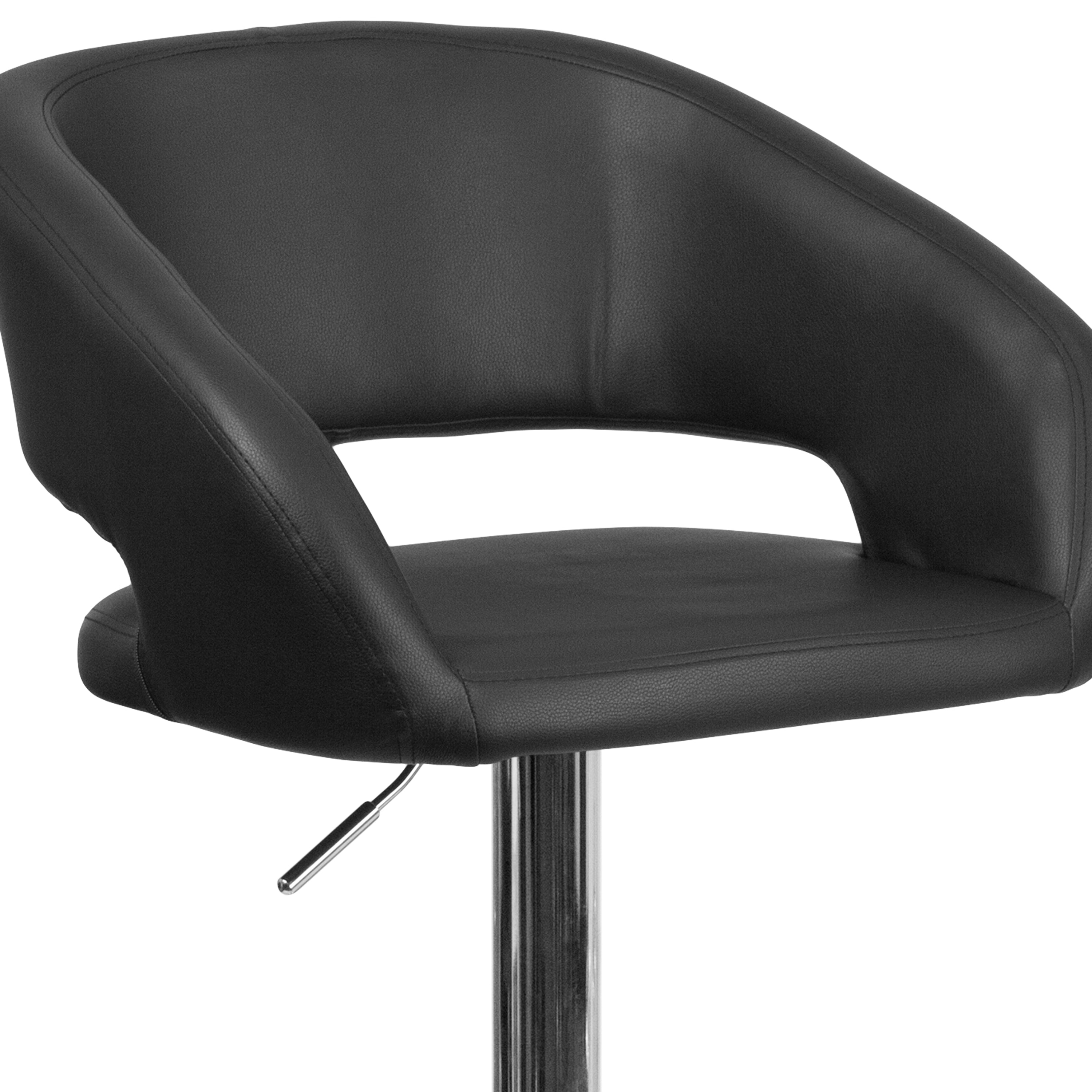 Erik Contemporary Black Vinyl Adjustable Height Barstool with Rounded Mid-Back and Chrome Base