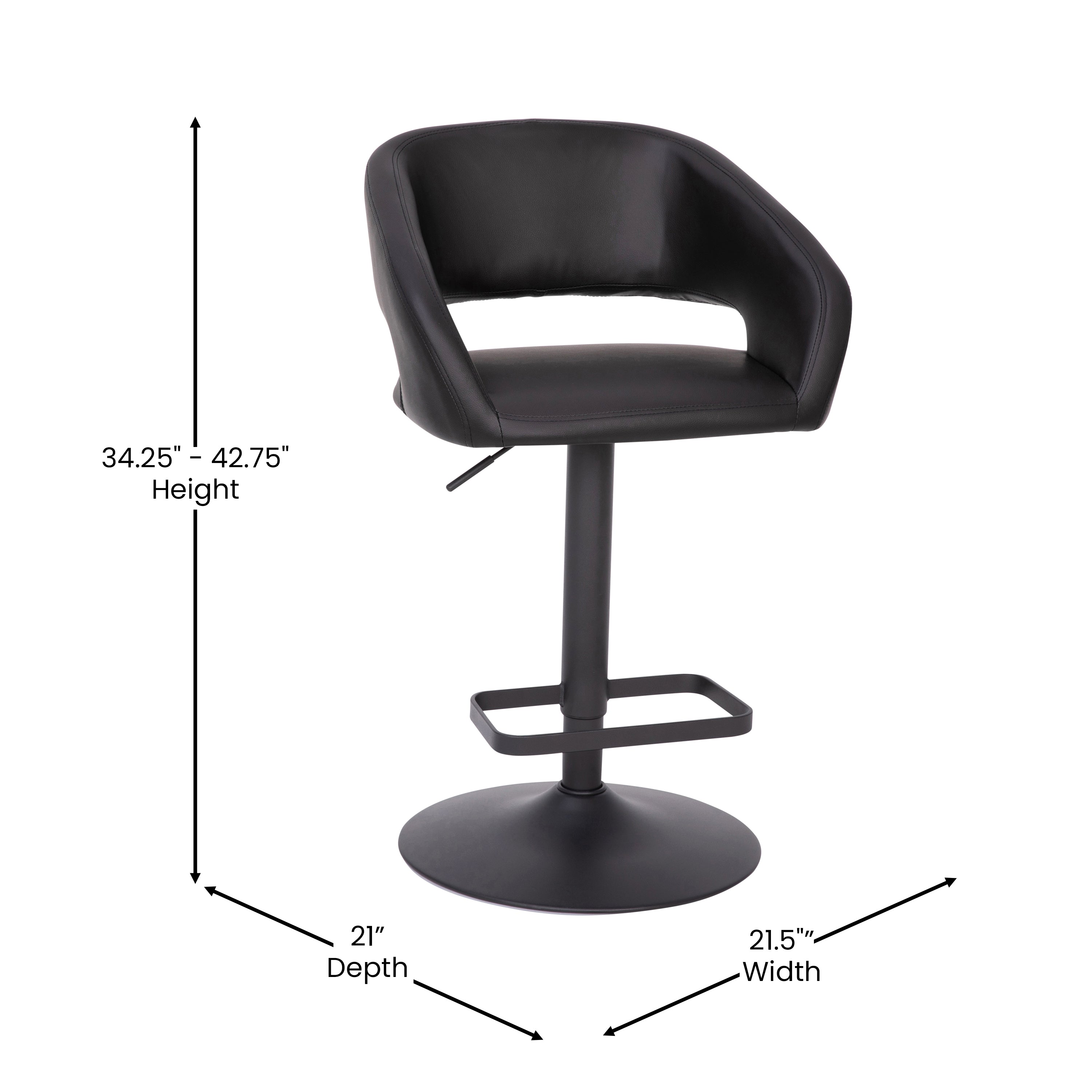Erik Contemporary Black Vinyl Adjustable Height Barstool with Rounded Mid-Back and Black Base