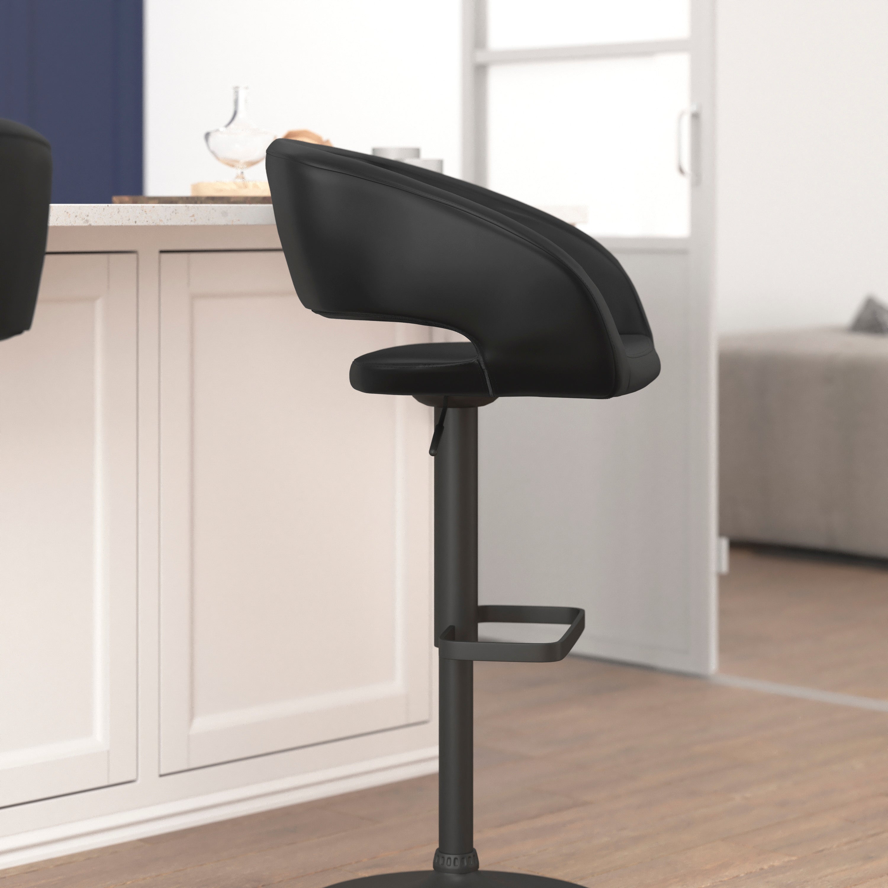 Erik Contemporary Black Vinyl Adjustable Height Barstool with Rounded Mid-Back and Black Base