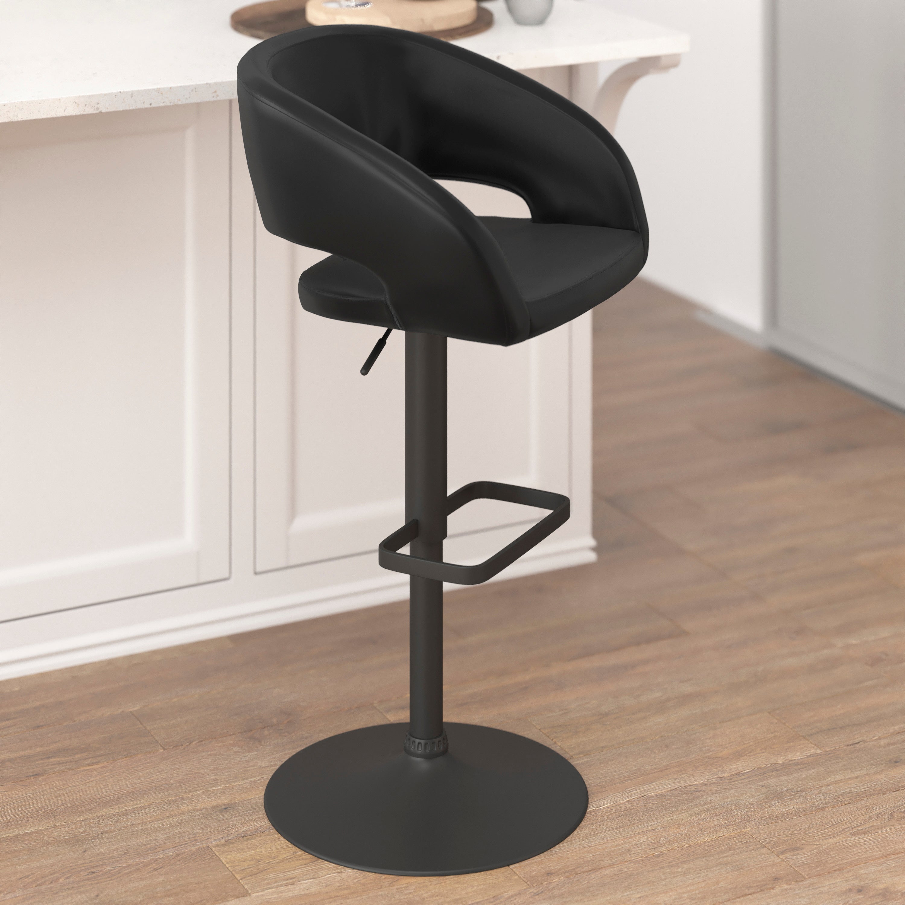 Erik Contemporary Black Vinyl Adjustable Height Barstool with Rounded Mid-Back and Black Base