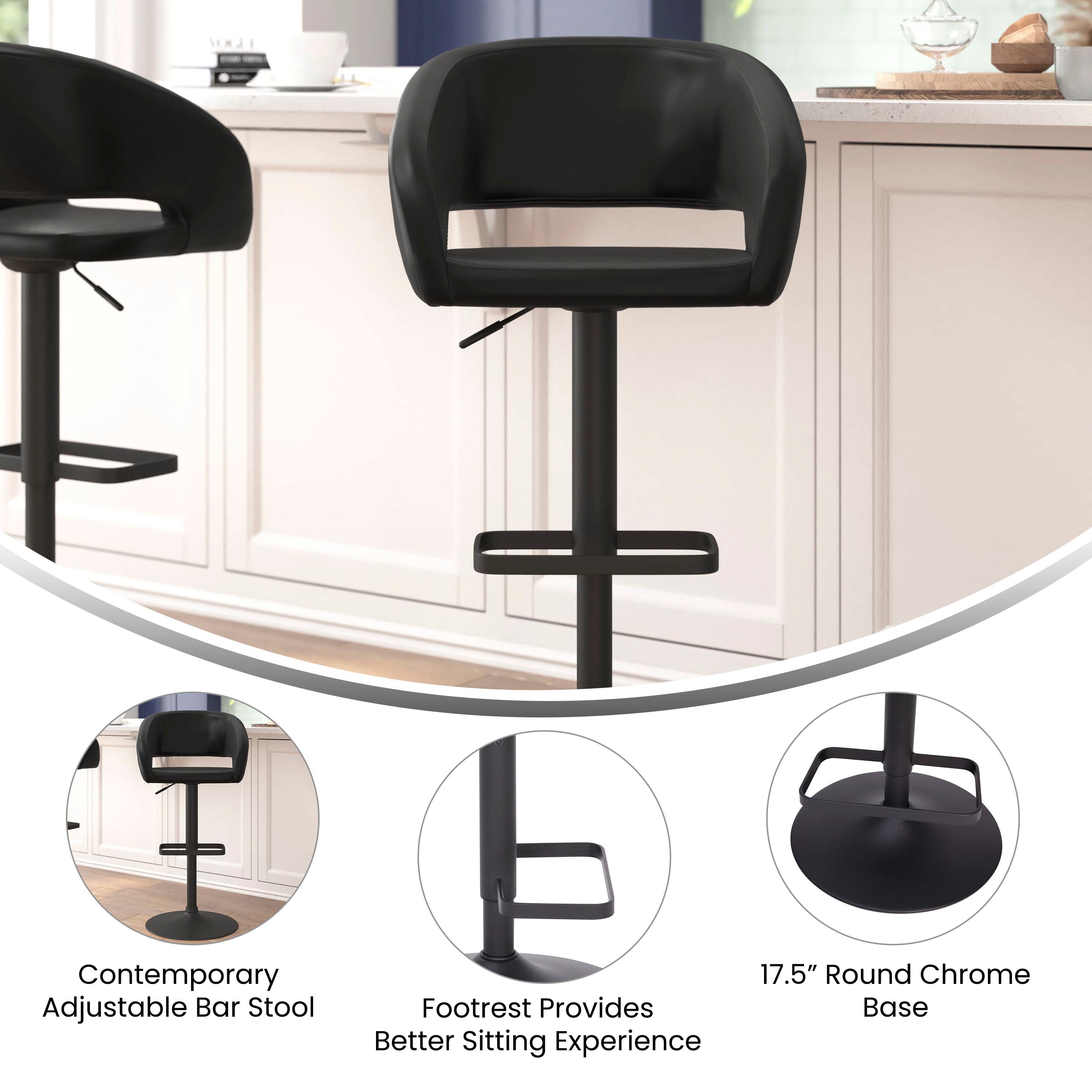 Erik Contemporary Black Vinyl Adjustable Height Barstool with Rounded Mid-Back and Black Base