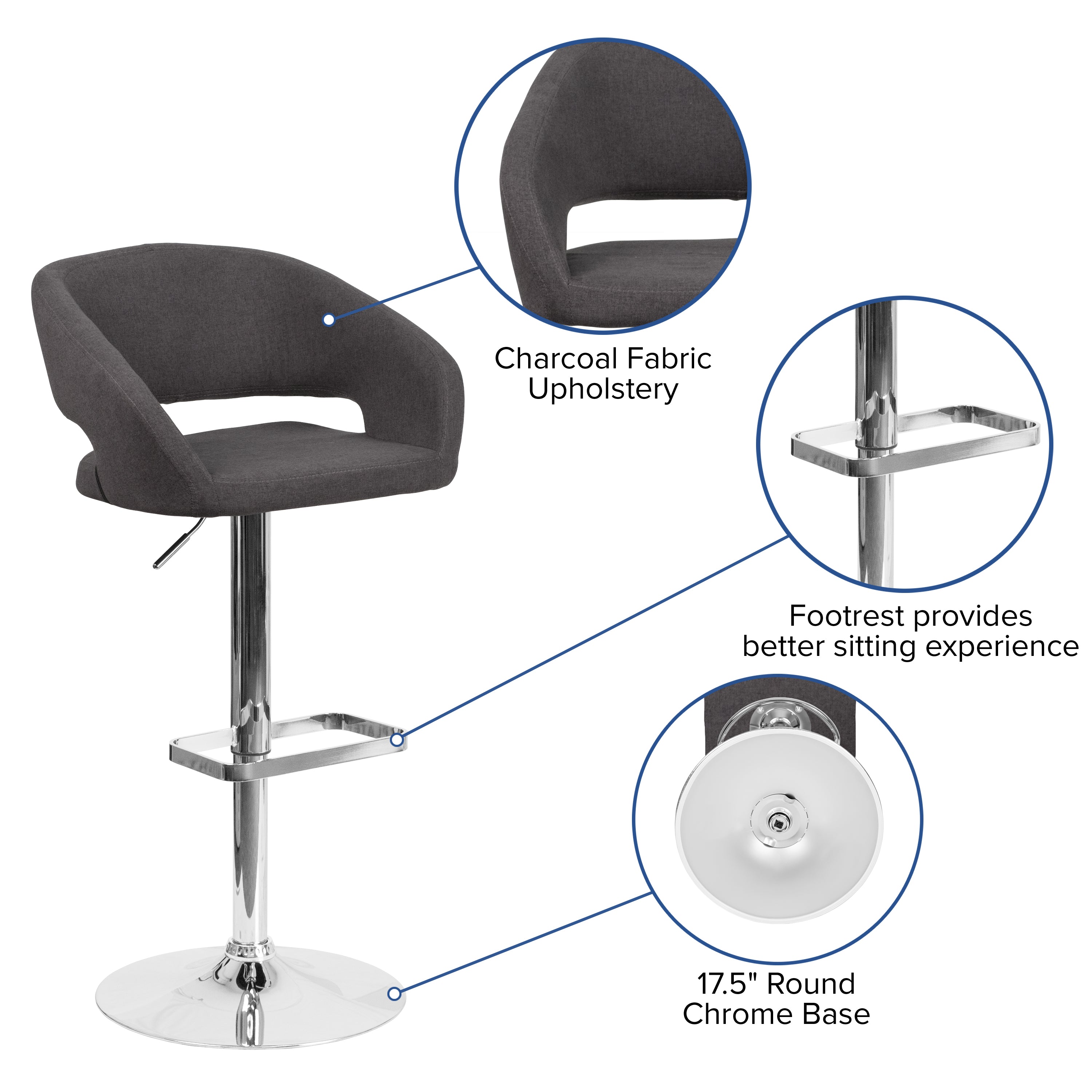 Erik Contemporary Charcoal Fabric Adjustable Height Barstool with Rounded Mid-Back and Chrome Base