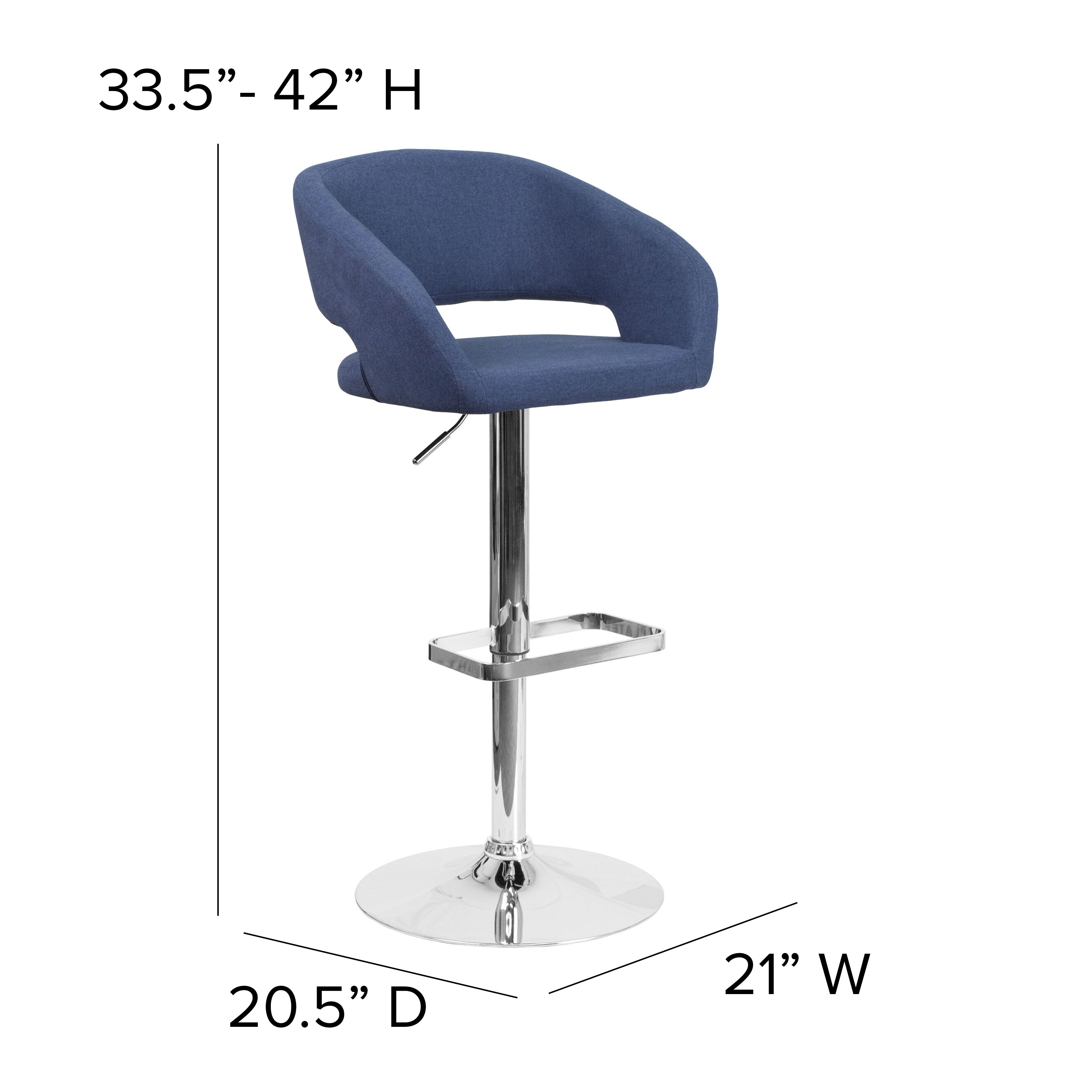 Erik Contemporary Blue Fabric Adjustable Height Barstool with Rounded Mid-Back and Chrome Base