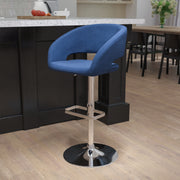 Erik Contemporary Blue Fabric Adjustable Height Barstool with Rounded Mid-Back and Chrome Base