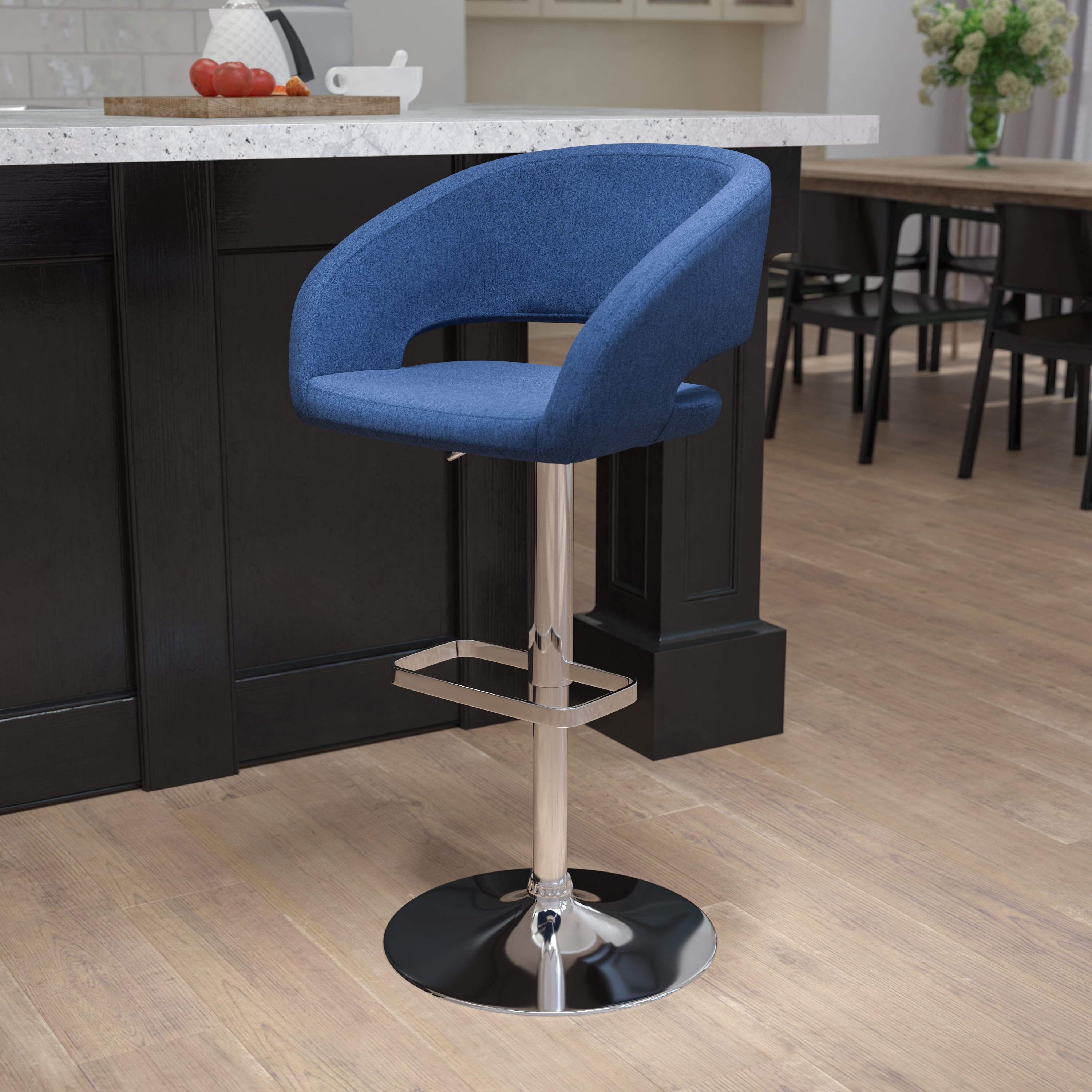 Erik Contemporary Blue Fabric Adjustable Height Barstool with Rounded Mid-Back and Chrome Base