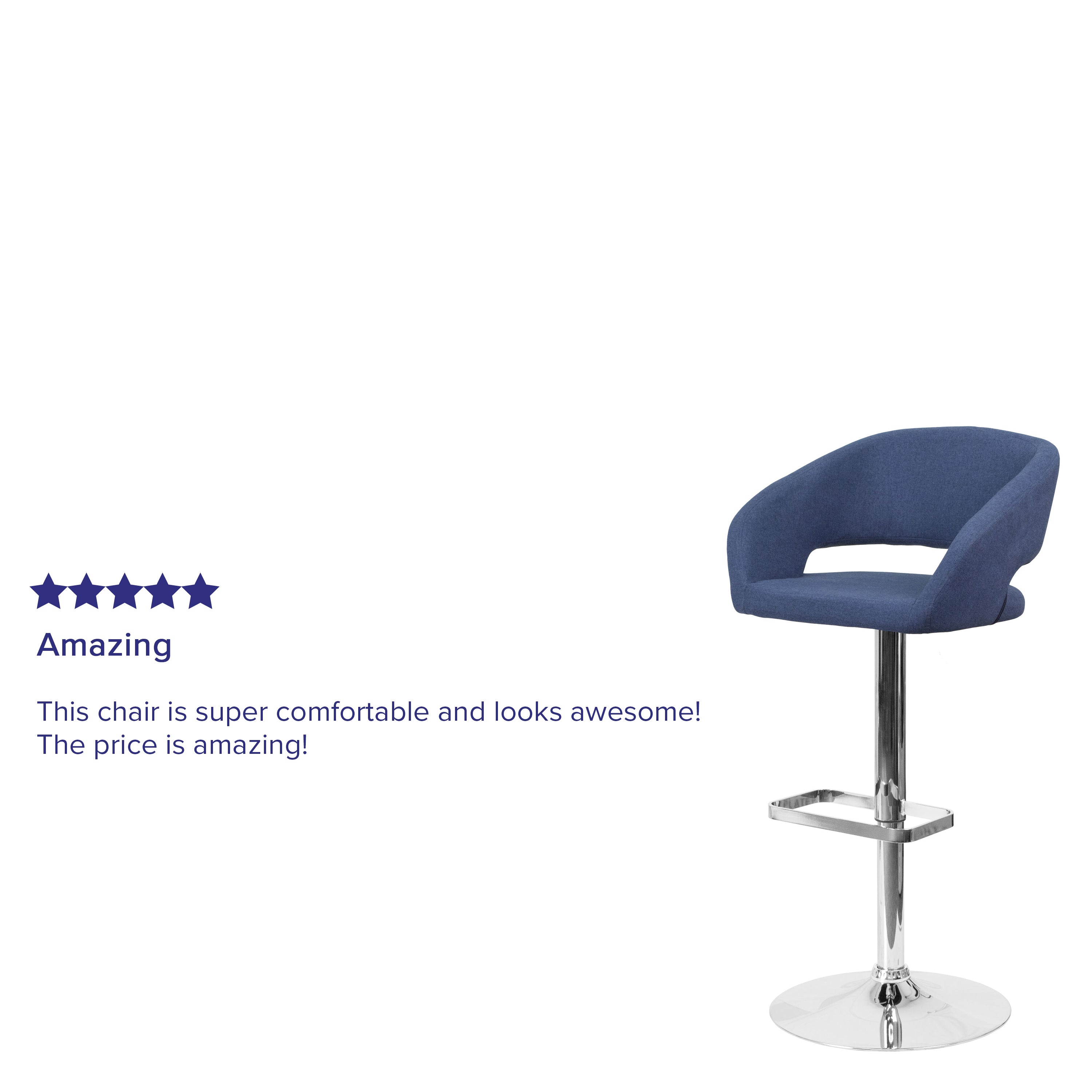 Erik Contemporary Blue Fabric Adjustable Height Barstool with Rounded Mid-Back and Chrome Base