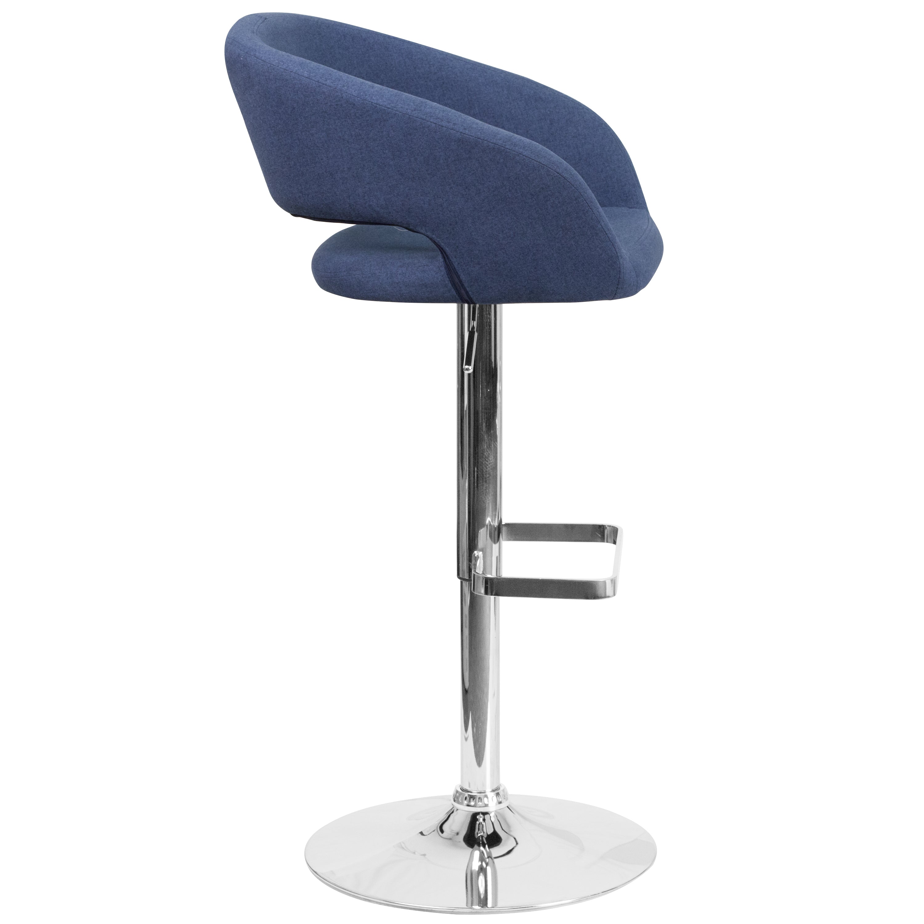 Erik Contemporary Blue Fabric Adjustable Height Barstool with Rounded Mid-Back and Chrome Base