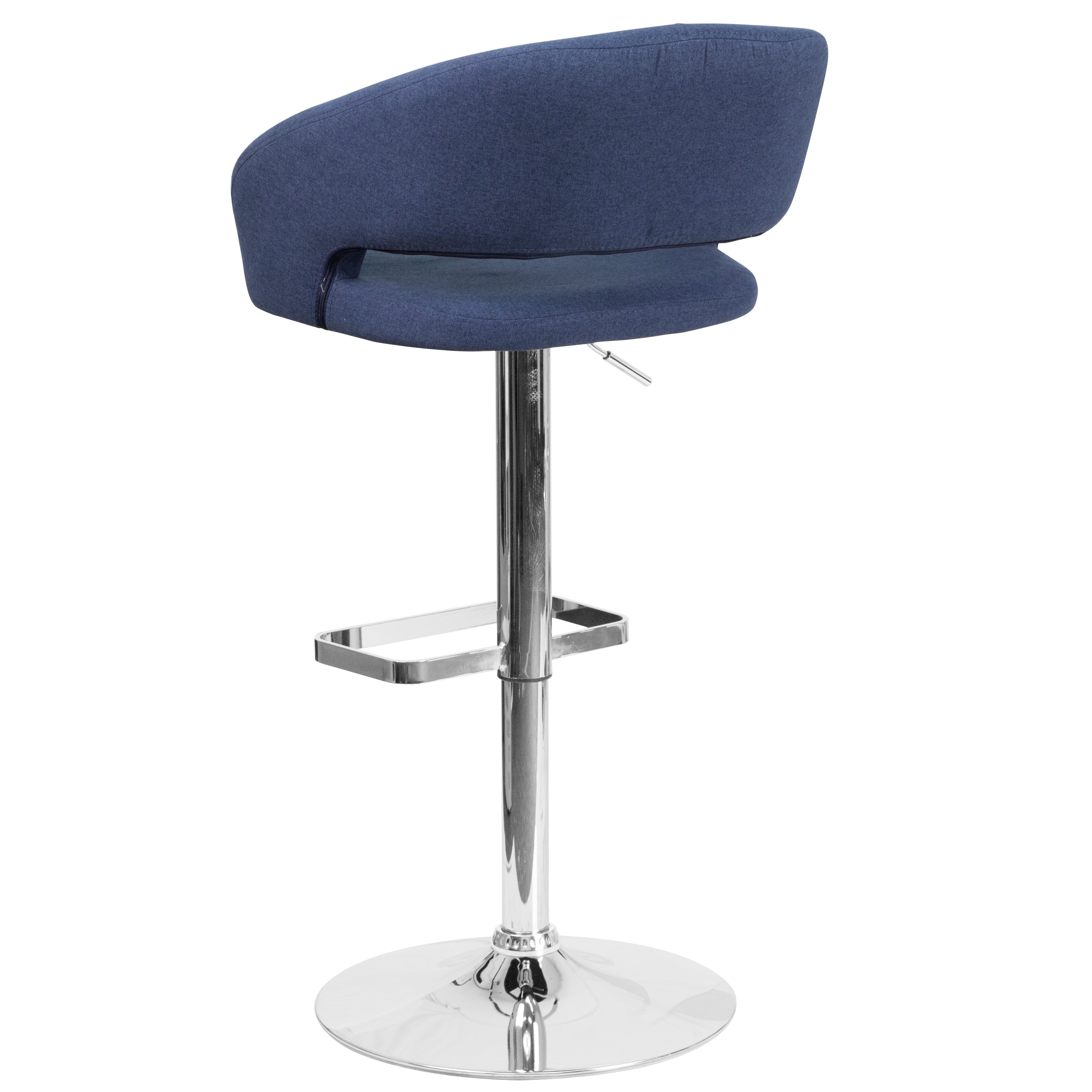 Erik Contemporary Blue Fabric Adjustable Height Barstool with Rounded Mid-Back and Chrome Base