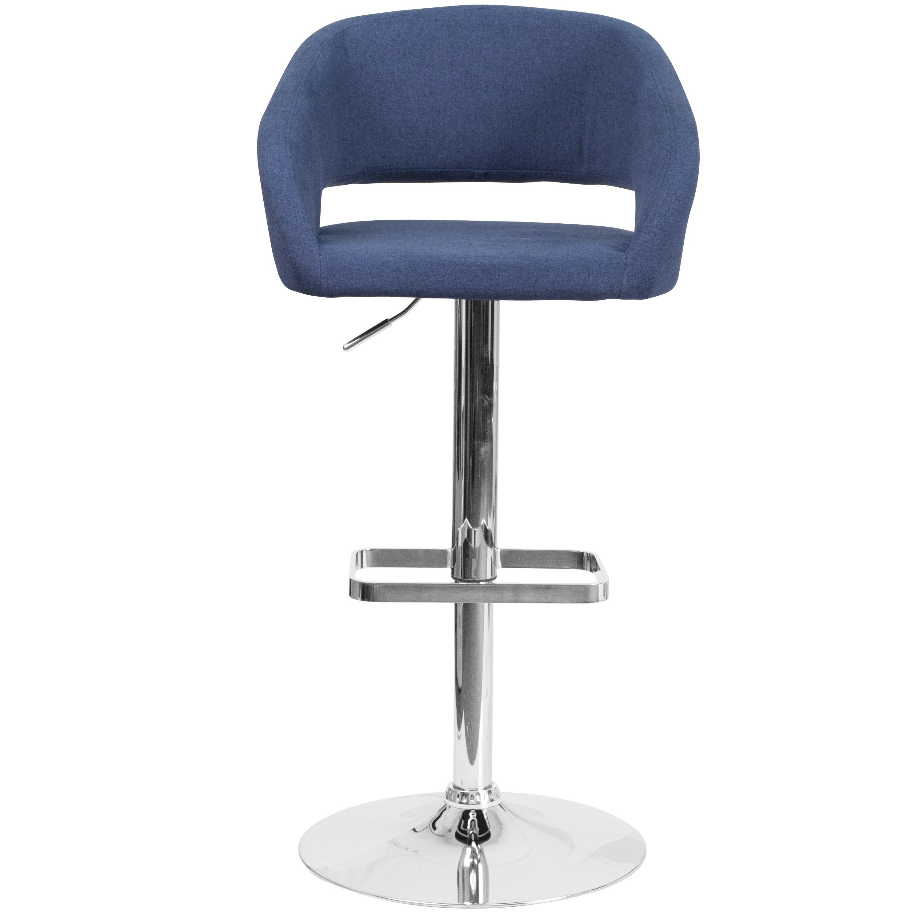 Erik Contemporary Blue Fabric Adjustable Height Barstool with Rounded Mid-Back and Chrome Base