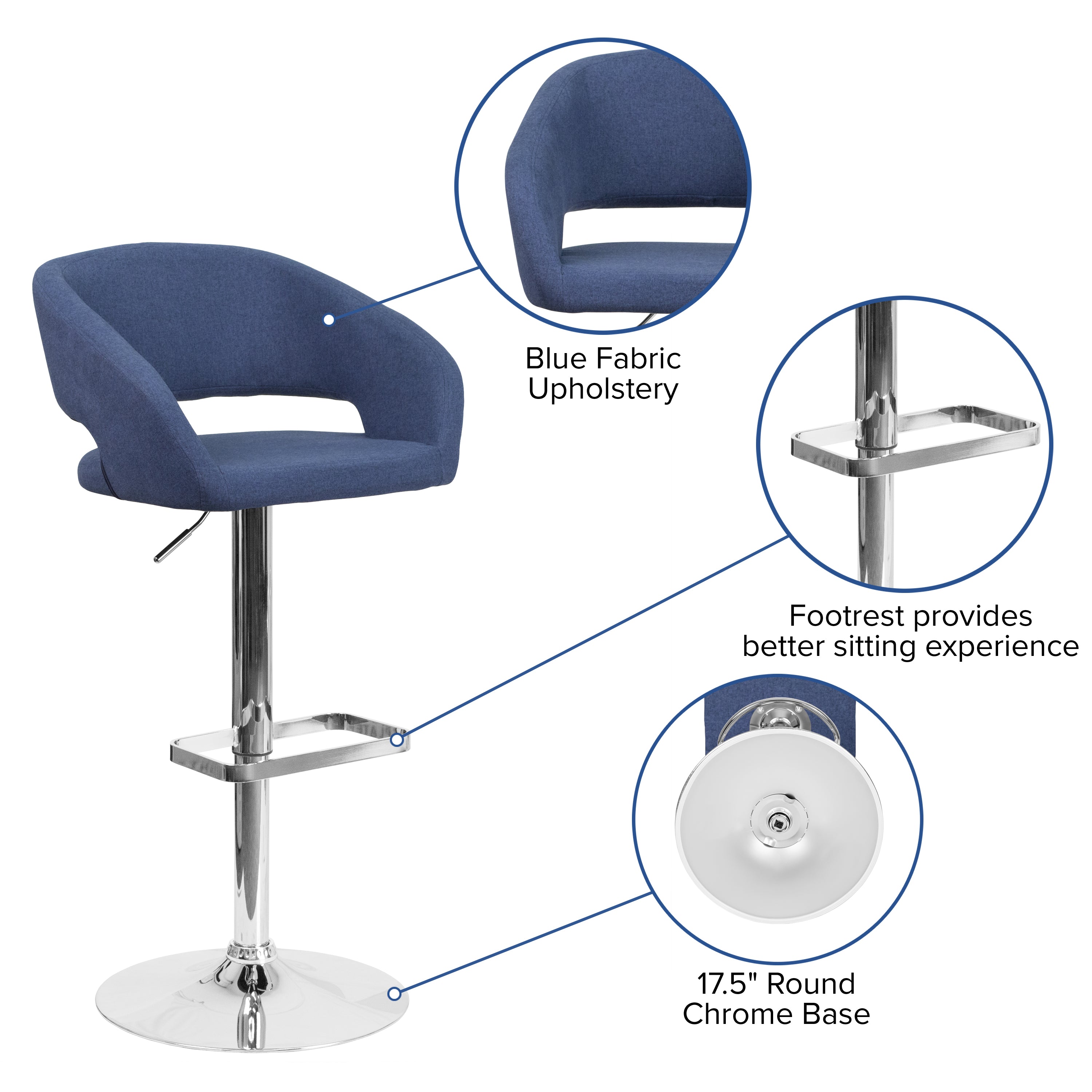 Erik Contemporary Blue Fabric Adjustable Height Barstool with Rounded Mid-Back and Chrome Base