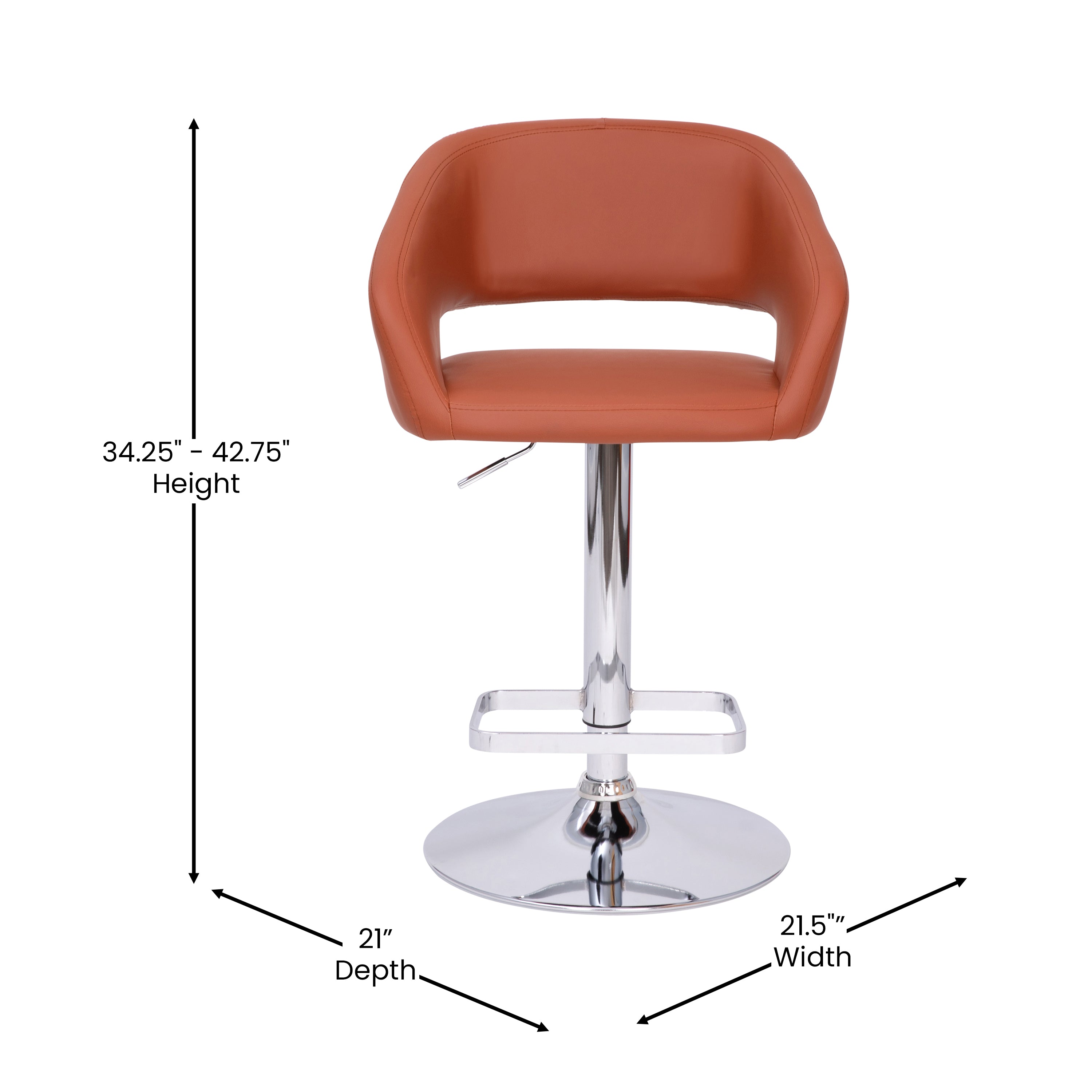 Erik Contemporary Cognac Vinyl Adjustable Height Barstool with Rounded Mid-Back and Chrome Base