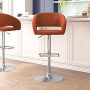 Erik Contemporary Cognac Vinyl Adjustable Height Barstool with Rounded Mid-Back and Chrome Base