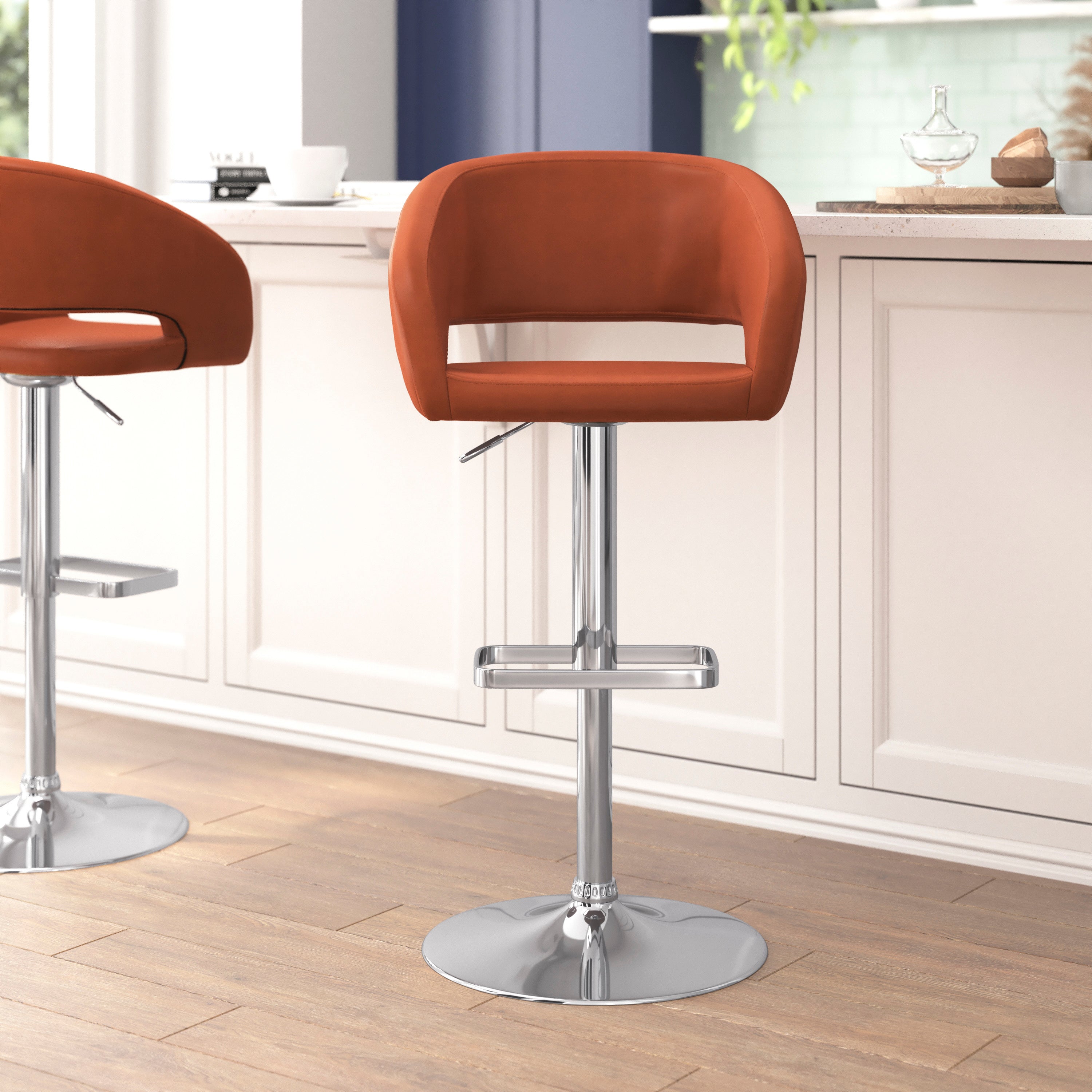 Erik Contemporary Cognac Vinyl Adjustable Height Barstool with Rounded Mid-Back and Chrome Base
