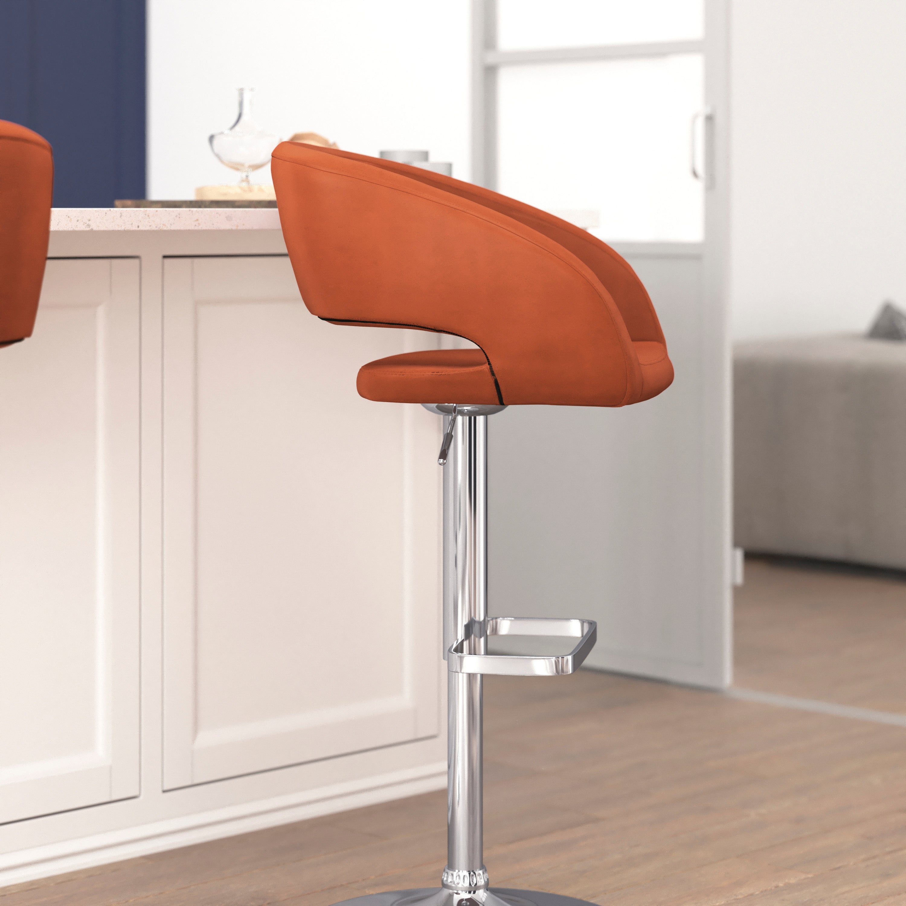Erik Contemporary Cognac Vinyl Adjustable Height Barstool with Rounded Mid-Back and Chrome Base