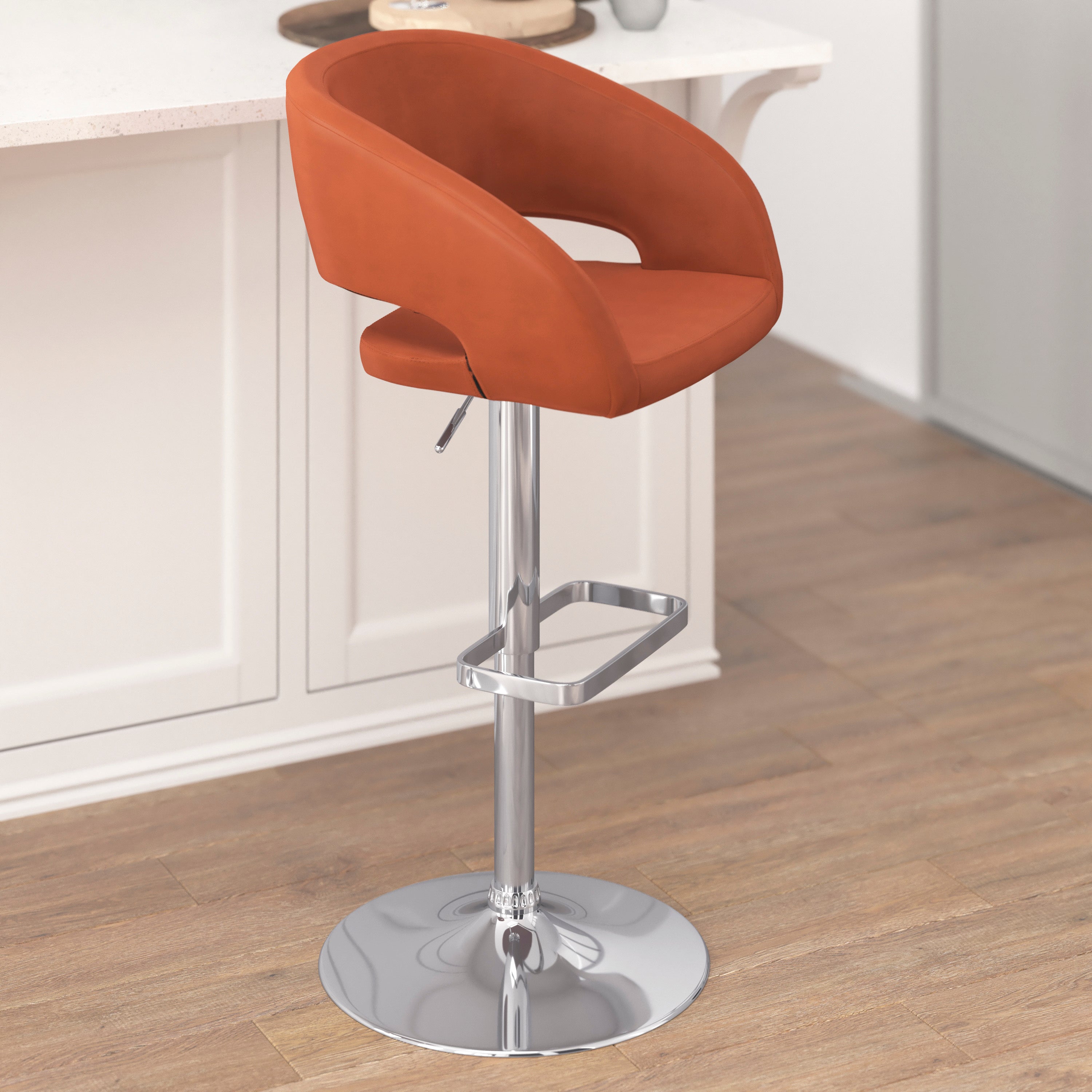 Erik Contemporary Cognac Vinyl Adjustable Height Barstool with Rounded Mid-Back and Chrome Base