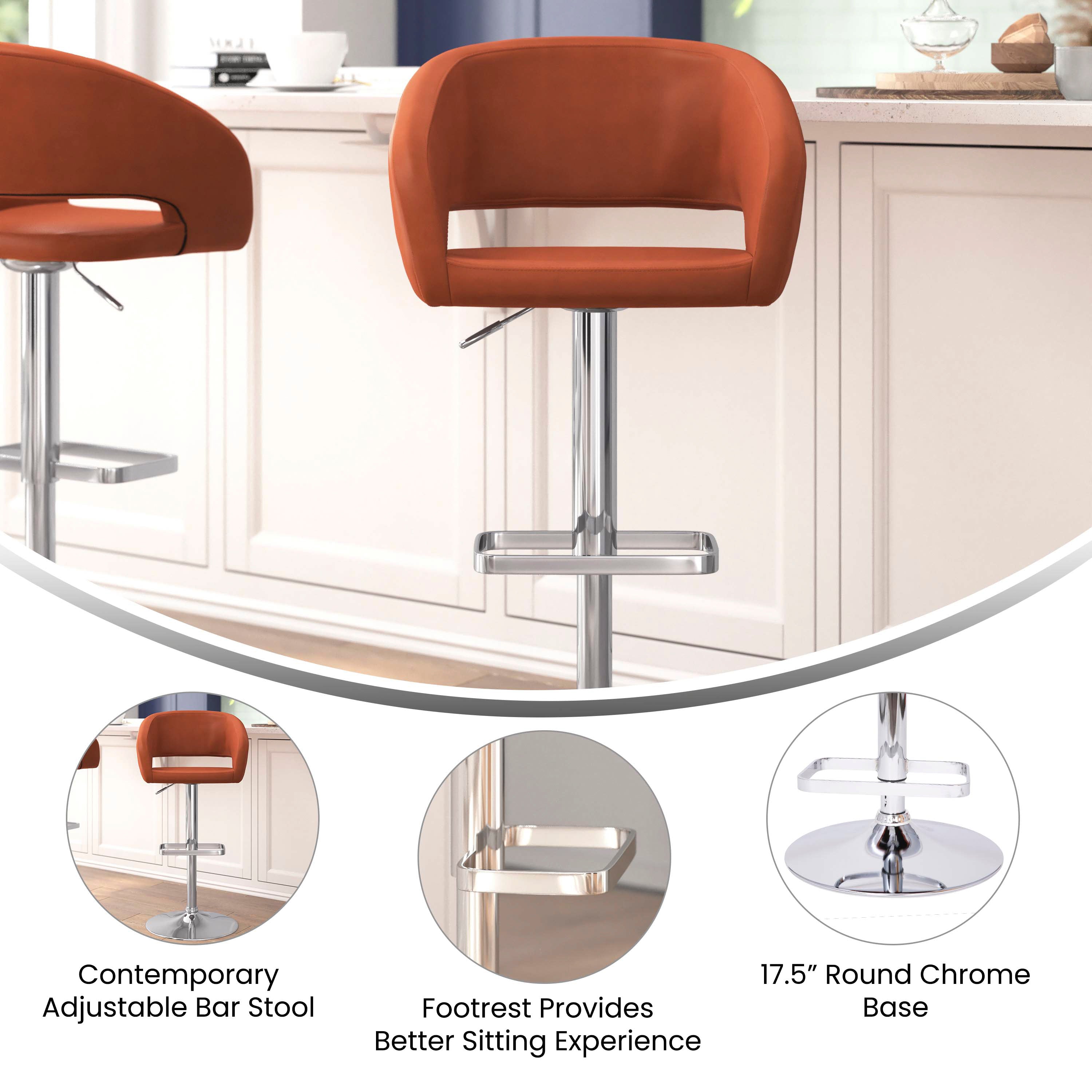 Erik Contemporary Cognac Vinyl Adjustable Height Barstool with Rounded Mid-Back and Chrome Base