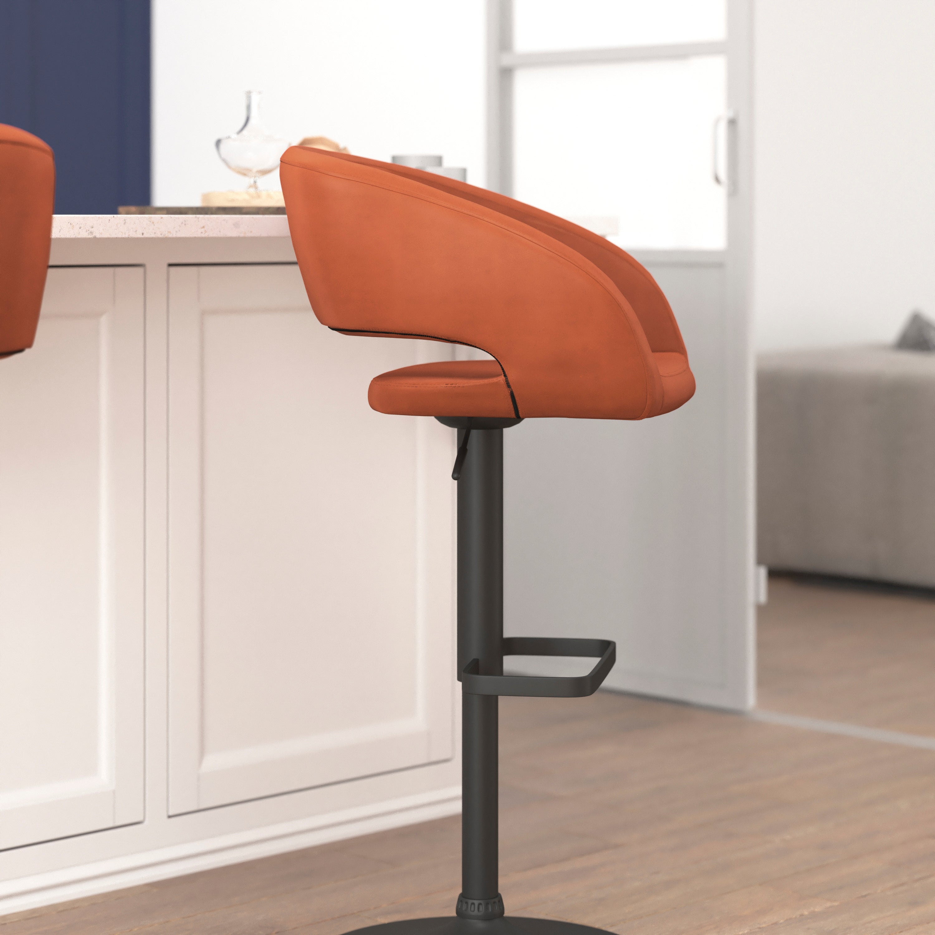 Erik Contemporary Cognac Vinyl Adjustable Height Barstool with Rounded Mid-Back and Black Base