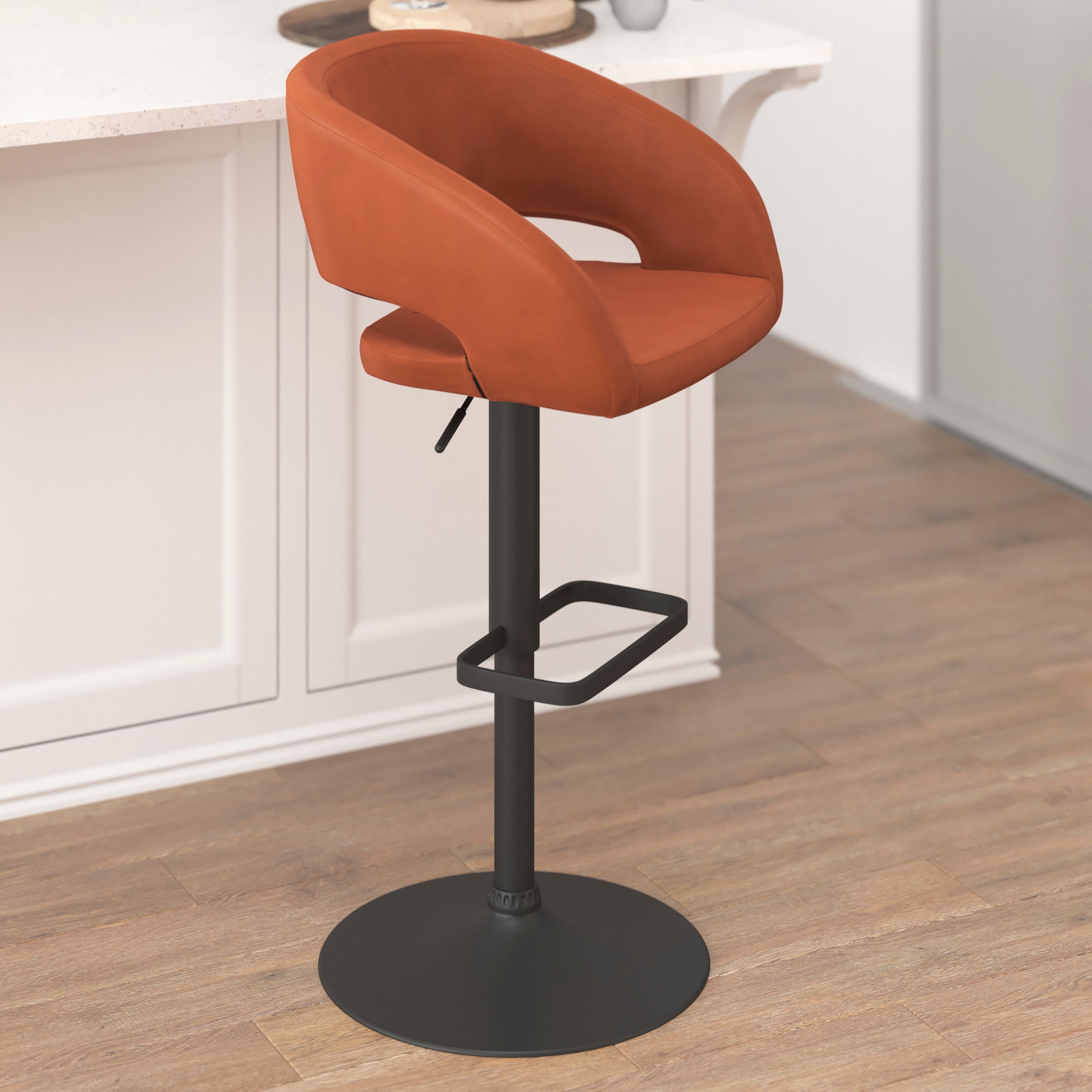 Erik Contemporary Cognac Vinyl Adjustable Height Barstool with Rounded Mid-Back and Black Base