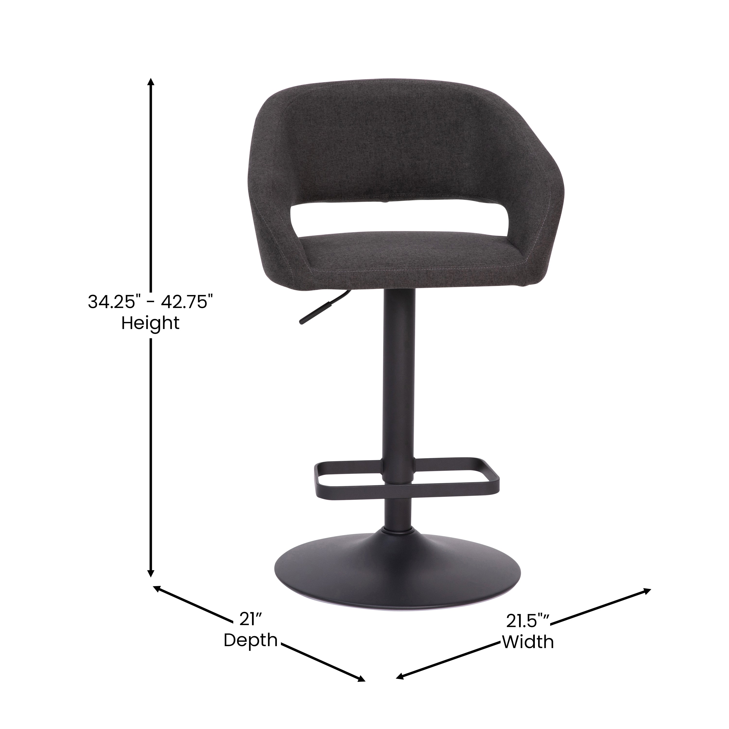 Erik Contemporary Charcoal Fabric Adjustable Height Barstool with Rounded Mid-Back and Black Base
